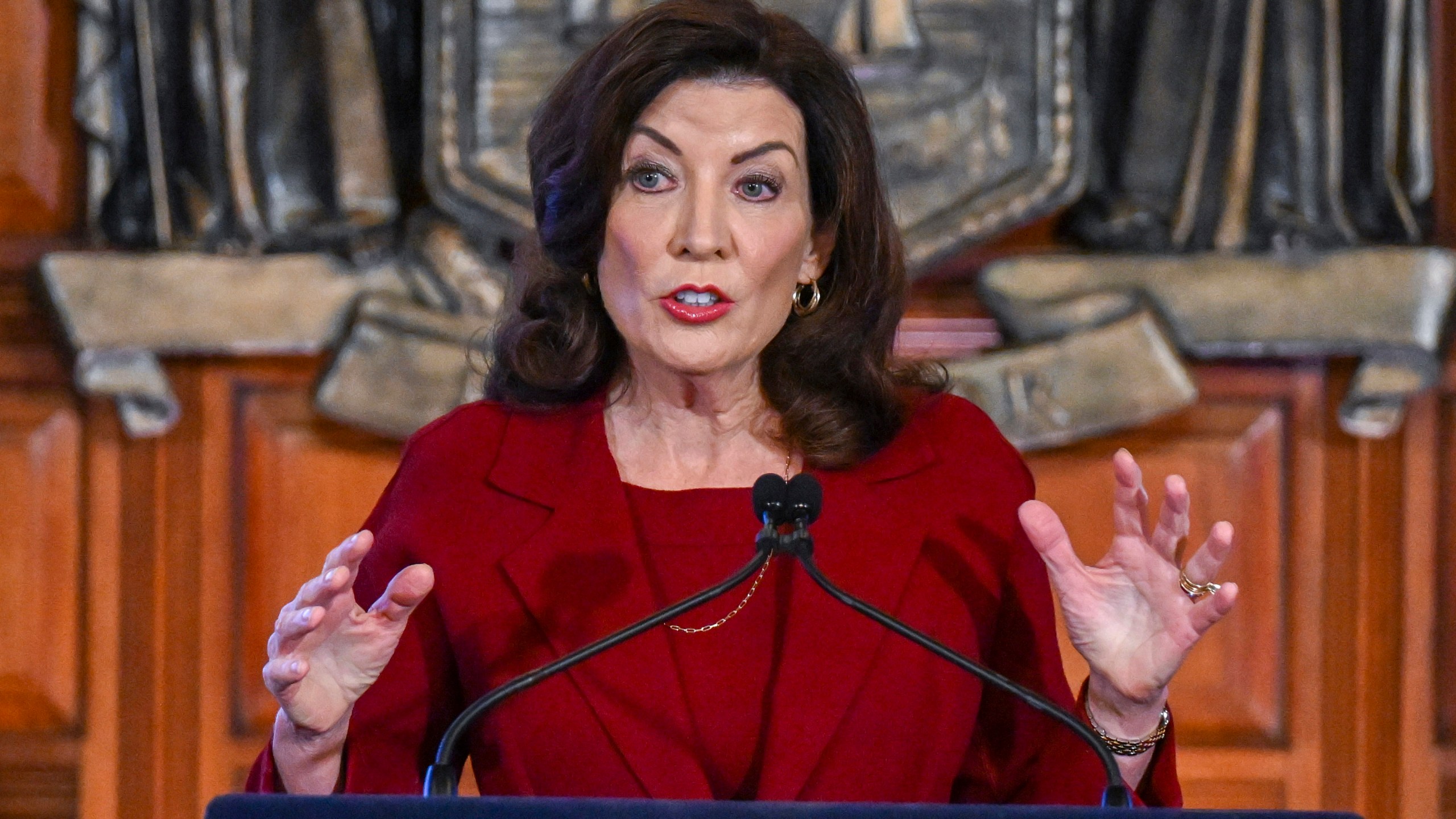 FILE - New York Gov. Kathy Hochul speaks at the state Capitol, Feb. 1, 2023, in Albany, N.Y. On Saturday, Dec. 9, 2023, Hochul called on the state's colleges and universities to swiftly address cases of antisemitism and what she described as any “calls for genocide” on campus. (AP Photo/Hans Pennink, File)