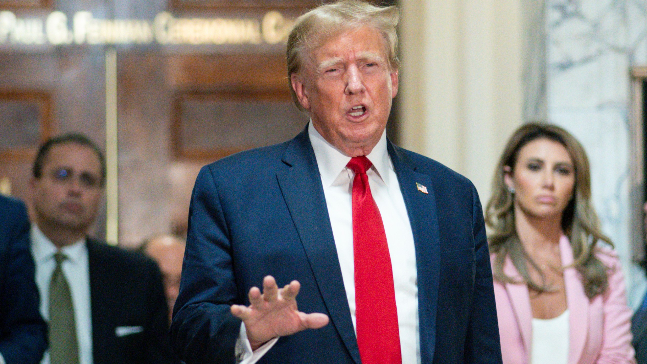 Former President Donald Trump speaks after exiting the courtroom for a break at New York Supreme Court, Thursday, Dec. 7, 2023, in New York. (AP Photo/Eduardo Munoz Alvarez)