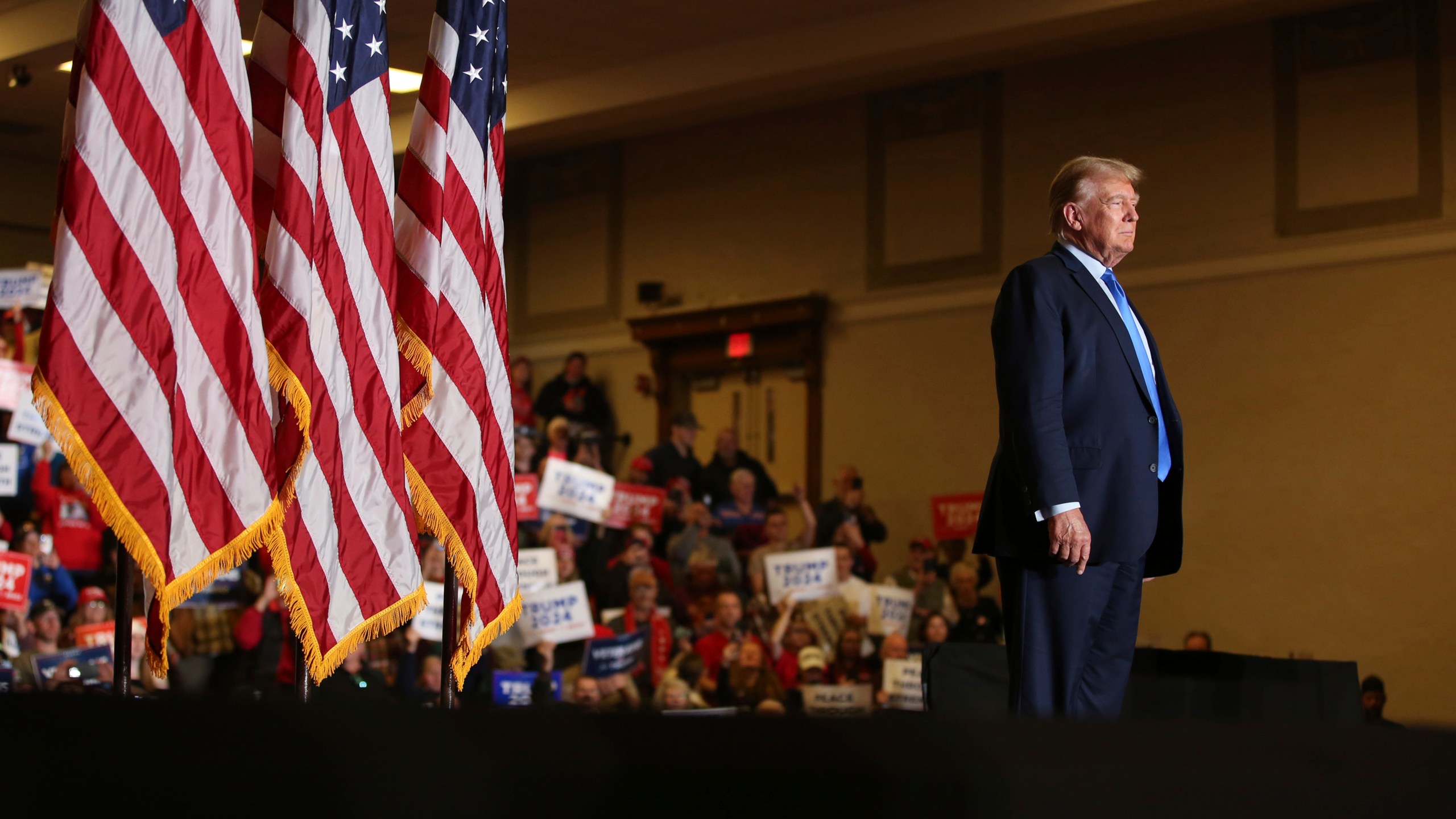 Former President Donald Trump greets the crowd at a campaign rally Saturday, Nov. 11, 2023, in Claremont, N.H. (AP Photo/Reba Saldanha)