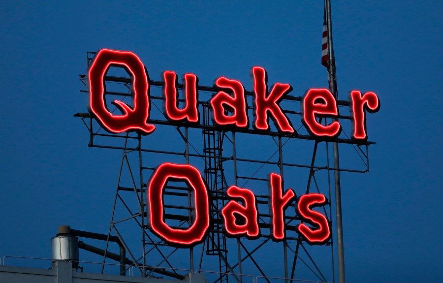 FILE - The new Quaker Oats sign is seen in Cedar Rapids, Iowa on Tuesday, June 8, 2021. Quaker Oats on Friday, Dec. 15, 2023, recalled several of its granola products, including granola bars and cereals, saying the foods could be contaminated with salmonella. (Rebecca F. Miller/The Gazette via AP, File)