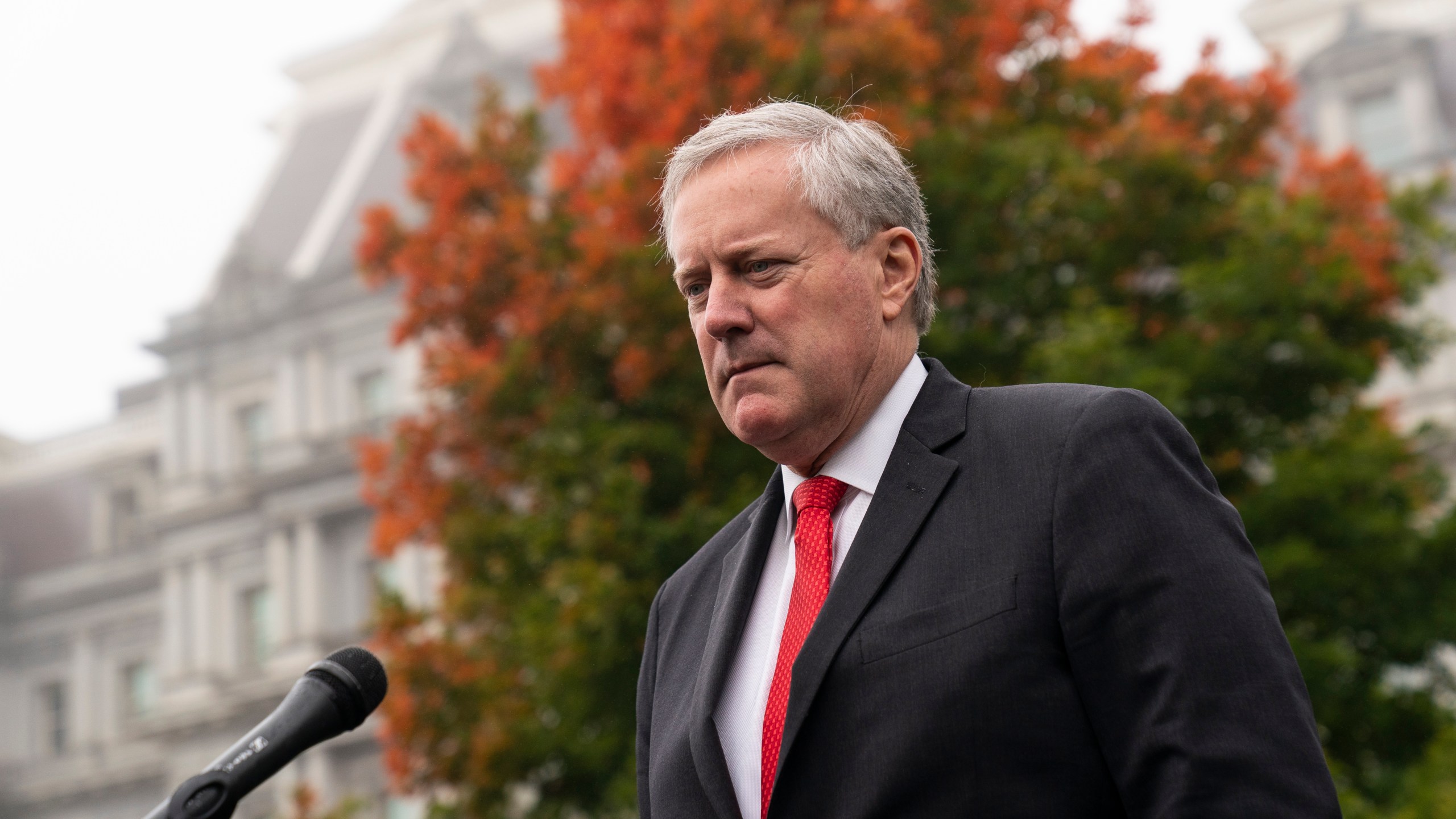 FILE - White House chief of staff Mark Meadows speaks with reporters at the White House, Wednesday, Oct. 21, 2020, in Washington. federal appeals court on Monday, Dec. 18, 2023, ruled that Trump White House chief of staff Mark Meadows cannot move charges related to efforts to overturn the 2020 election in Georgia to federal court. (AP Photo/Alex Brandon, File)