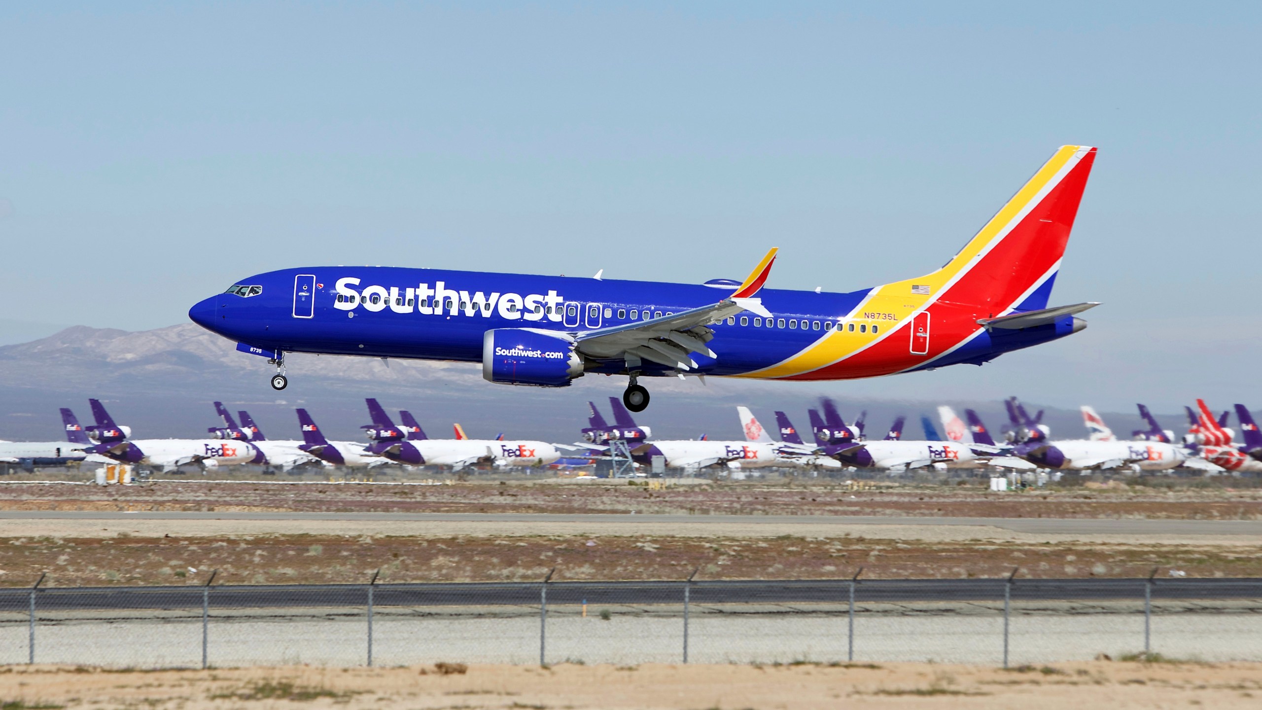 FILE - A Southwest Airlines Boeing 737 Max aircraft lands at the Southern California Logistics Airport on March 23, 2019, in Victorville, Calif. Southwest Airlines and its pilots reached a tentative labor agreement after three-and-a-half years of negotiations, the last of the four major airlines to reach a deal with pilots. The Dallas-based carrier said Tuesday, Dec. 19, 2023, it was pleased to reach the agreement in principle which it called a "key milestone." (AP Photo/Matt Hartman, File)