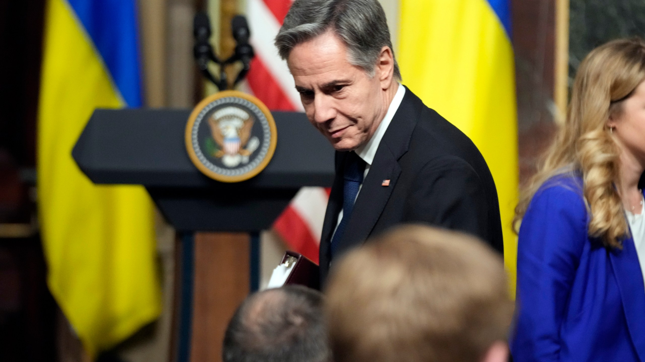 Secretary of State Antony Blinken arrives before a news conference with President Joe Biden and Ukrainian President Volodymyr Zelenskyy in the Indian Treaty Room in the Eisenhower Executive Office Building on the White House Campus, Tuesday, Dec. 12, 2023, in Washington. (AP Photo/Andrew Harnik)