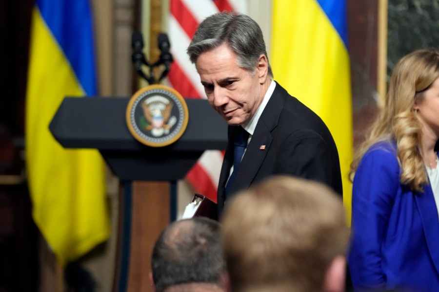 Secretary of State Antony Blinken arrives before a news conference with President Joe Biden and Ukrainian President Volodymyr Zelenskyy in the Indian Treaty Room in the Eisenhower Executive Office Building on the White House Campus, Tuesday, Dec. 12, 2023, in Washington. (AP Photo/Andrew Harnik)