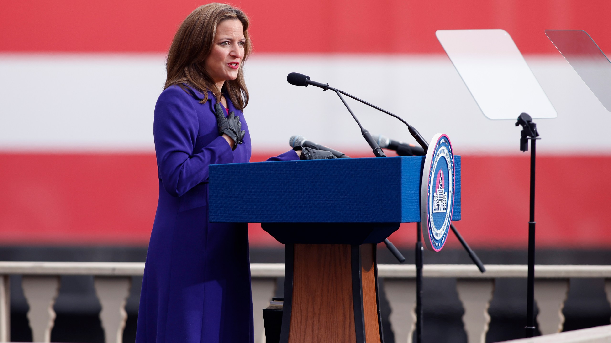 FILE - Michigan Secretary of State Jocelyn Benson addresses the crowd during inauguration ceremonies, Jan. 1, 2023, outside the state Capitol in Lansing, Mich. (AP Photo/Al Goldis, File)