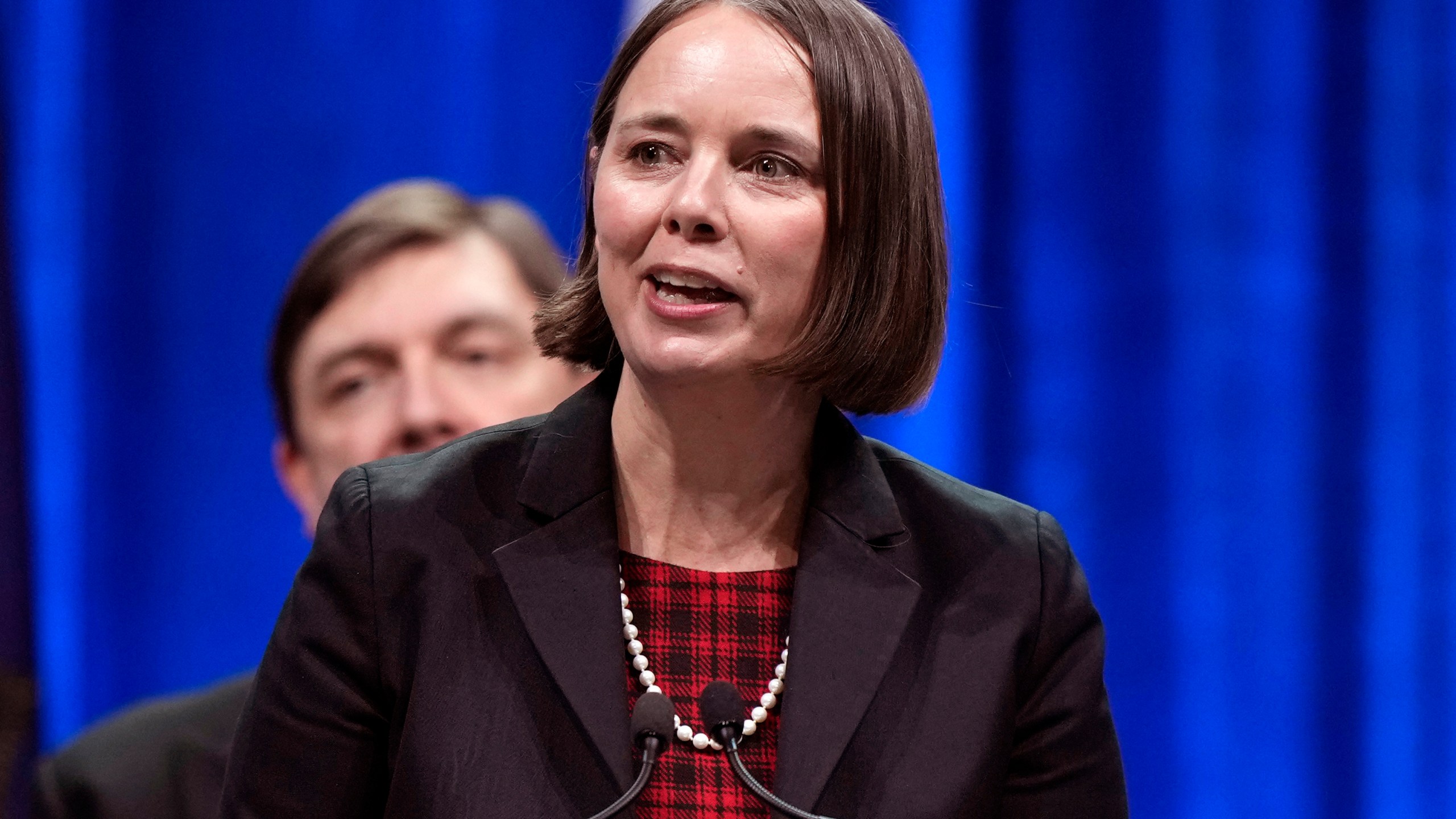 FILE - Secretary of State Shenna Bellows speaks at an event, Jan. 4, 2023, in Augusta, Maine. Bellows on Thursday, Dec. 28, removed former President Donald Trump from the state’s presidential primary ballot under the Constitution’s insurrection clause, becoming the first election official to take action unilaterally in a decision that has potential Electoral College consequences. (AP Photo/Robert F. Bukaty, File)