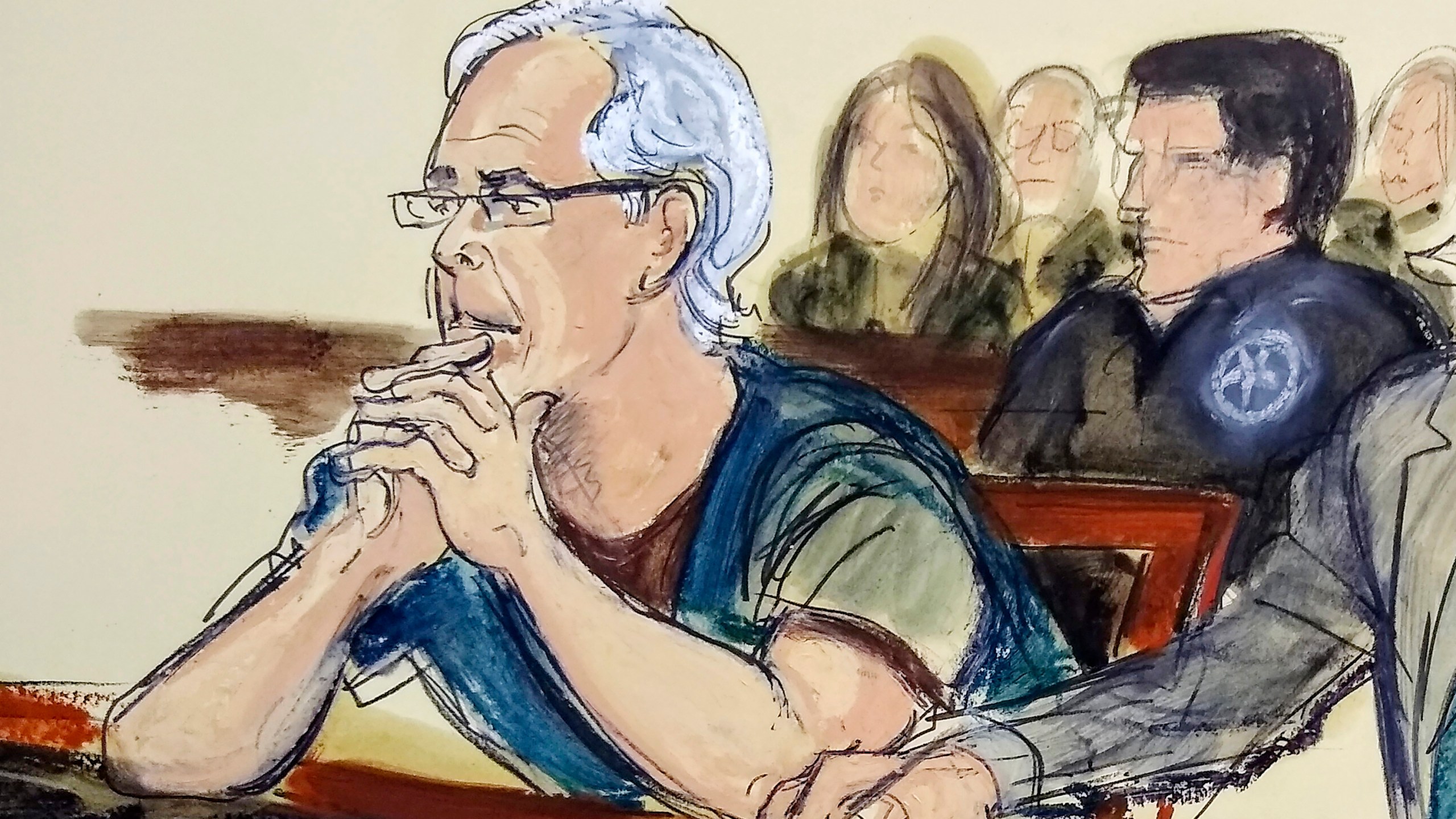 FILE - In this courtroom artist's sketch, Jeffrey Epstein listens during a bail hearing in federal court in New York on July 15, 2019. A new batch of unsealed documents pertaining to Epstein’s sexual abuse of teenage girls was released Thursday, Jan. 4, 2024, adding hundreds of pages to a trove of information detailing how the financier leveraged connections to the rich, powerful and famous to recruit his victims and cover up his crimes. (Elizabeth Williams via AP, File)