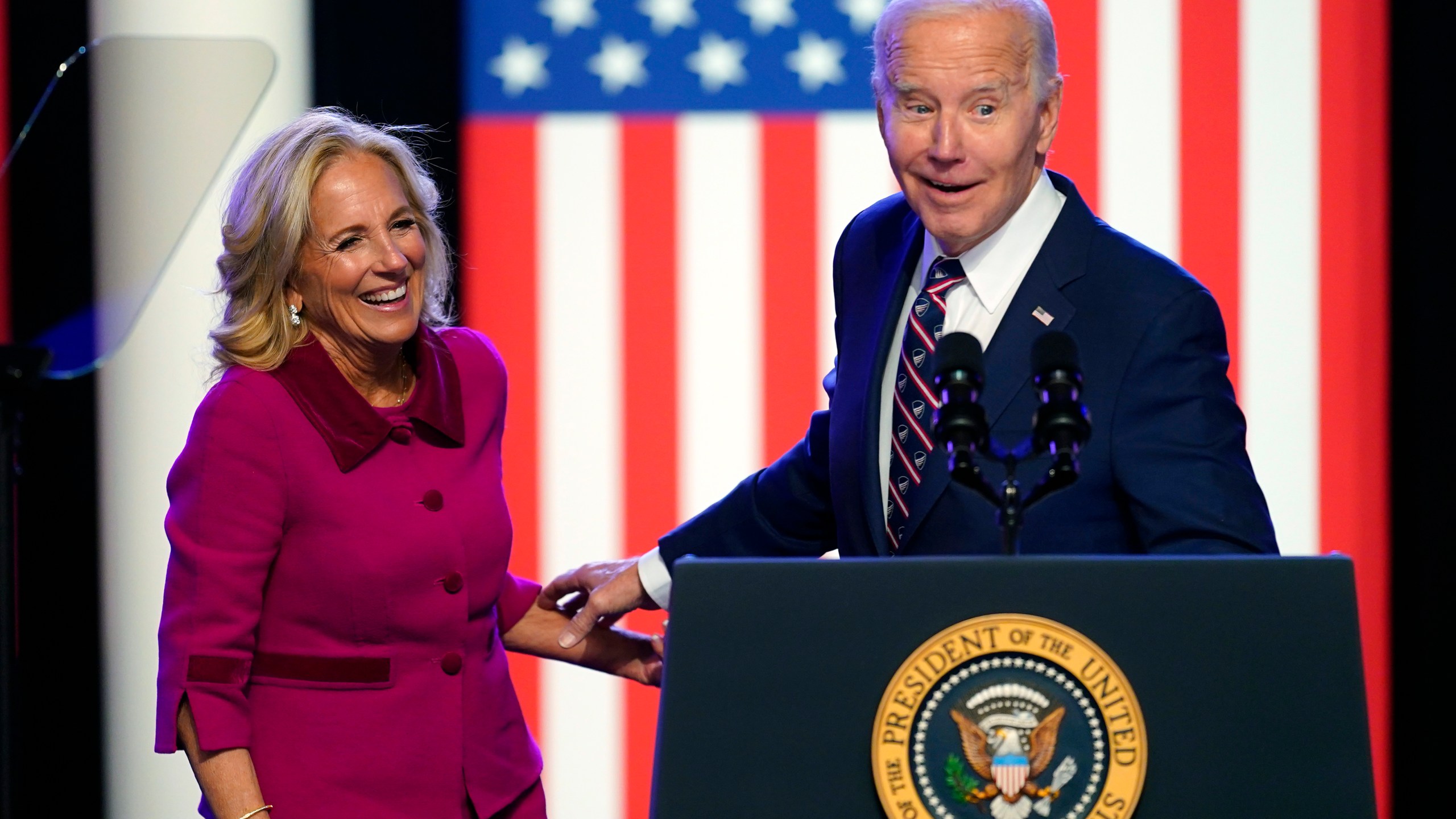 President Joe Biden and first lady Jill Biden stand on stage after Biden spoke in Blue Bell, Pa., Friday, Jan. 5, 2024. (AP Photo/Matt Rourke)