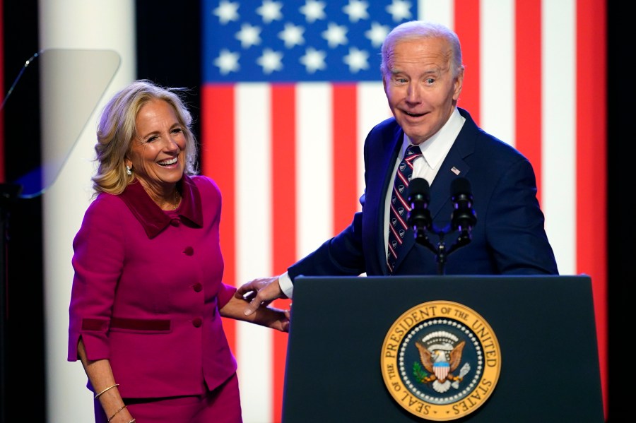 President Joe Biden and first lady Jill Biden stand on stage after Biden spoke in Blue Bell, Pa., Friday, Jan. 5, 2024. (AP Photo/Matt Rourke)