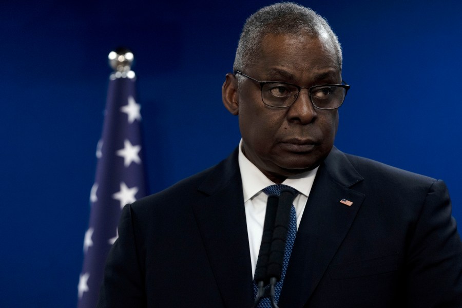 U.S. Secretary of Defense Lloyd Austin makes a joint statement with Israel Minister of Defense Yoav Gallant, after their meeting about Israel's military operation in Gaza, in Tel Aviv, Israel, Monday, Dec. 18, 2023. (AP photo/ Maya Alleruzzo)