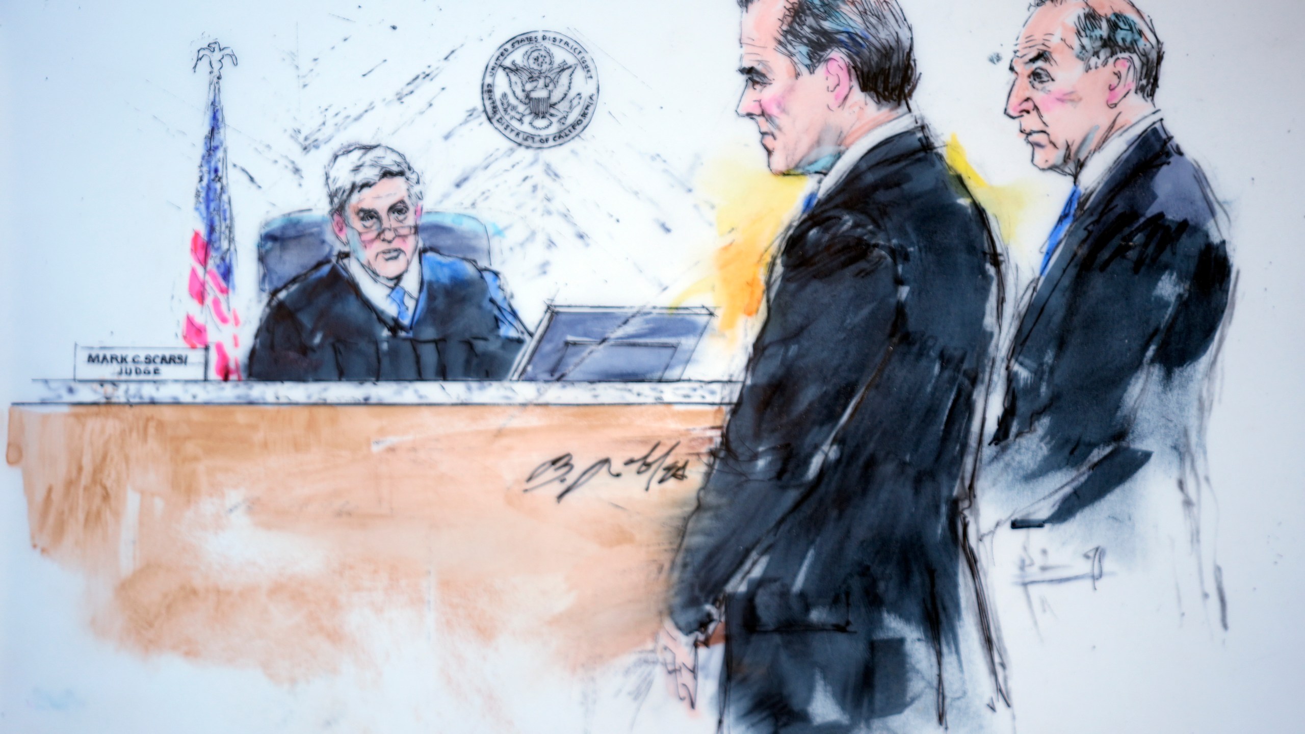 In this courtroom sketch, President Joe Biden's son Hunter Biden, center, appears alongside attorney Abbe Lowell, right, in front of Judge Mark C. Scarsi, left, in federal court, Thursday, Jan. 11, 2024, in Los Angeles. Biden pleaded not guilty Thursday to federal tax charges filed after the collapse of a plea deal that could have spared him the spectacle of a criminal trial during the 2024 campaign. (Bill Robles via AP)