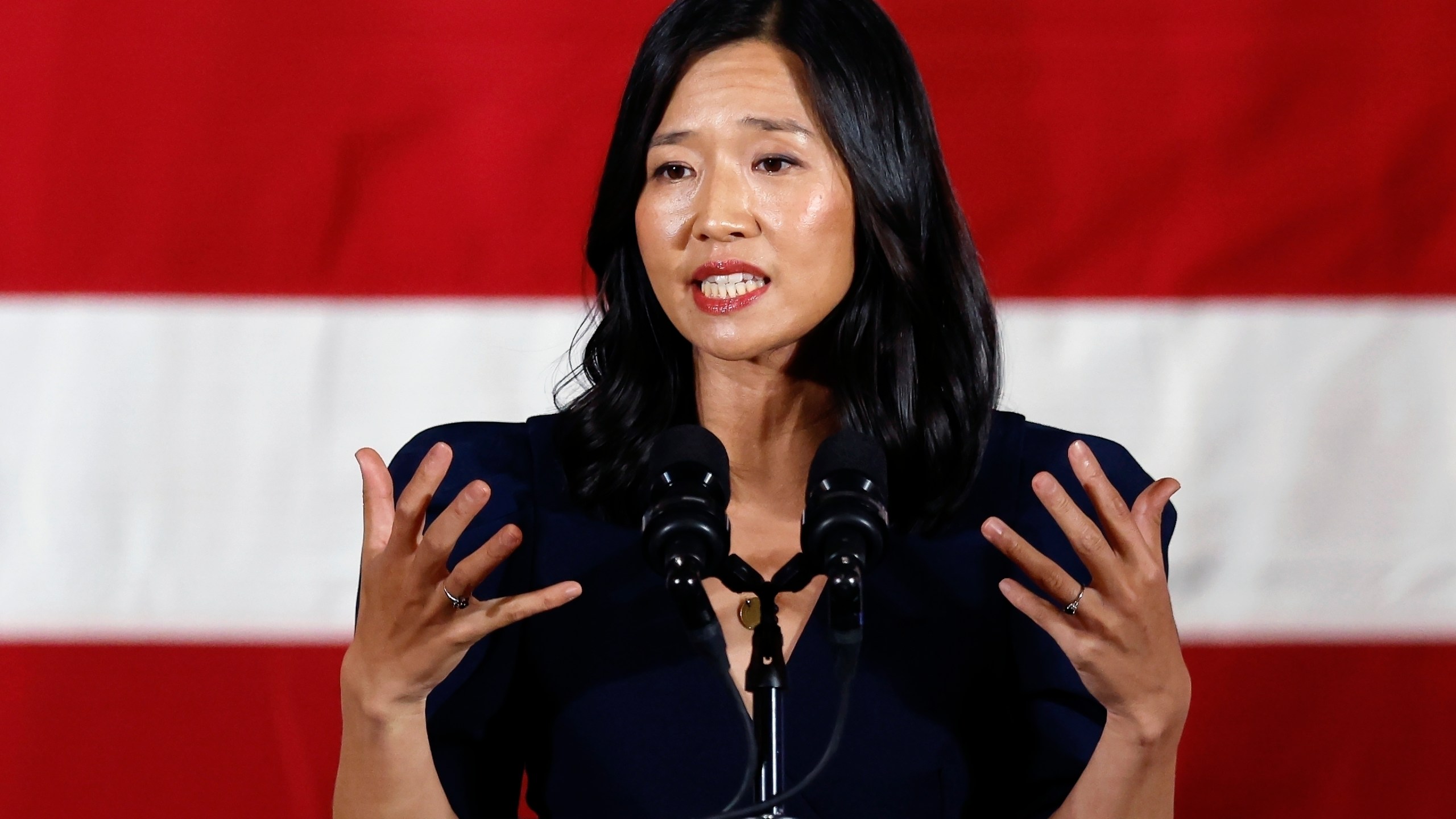 FILE - Boston Mayor Michelle Wu speaks during a Democratic election night party, Nov. 8, 2022, in Boston. A spate of false reports of shootings at the homes of public officials in recent days could be setting the stage for stricter penalties against so-called swatting in more states. Wu, U.S. Sen. Rick Scott of Florida, Georgia U.S. Rep. Marjorie Taylor Greene and Ohio Attorney General Dave Yost have been among the victims. (AP Photo/Michael Dwyer, File)