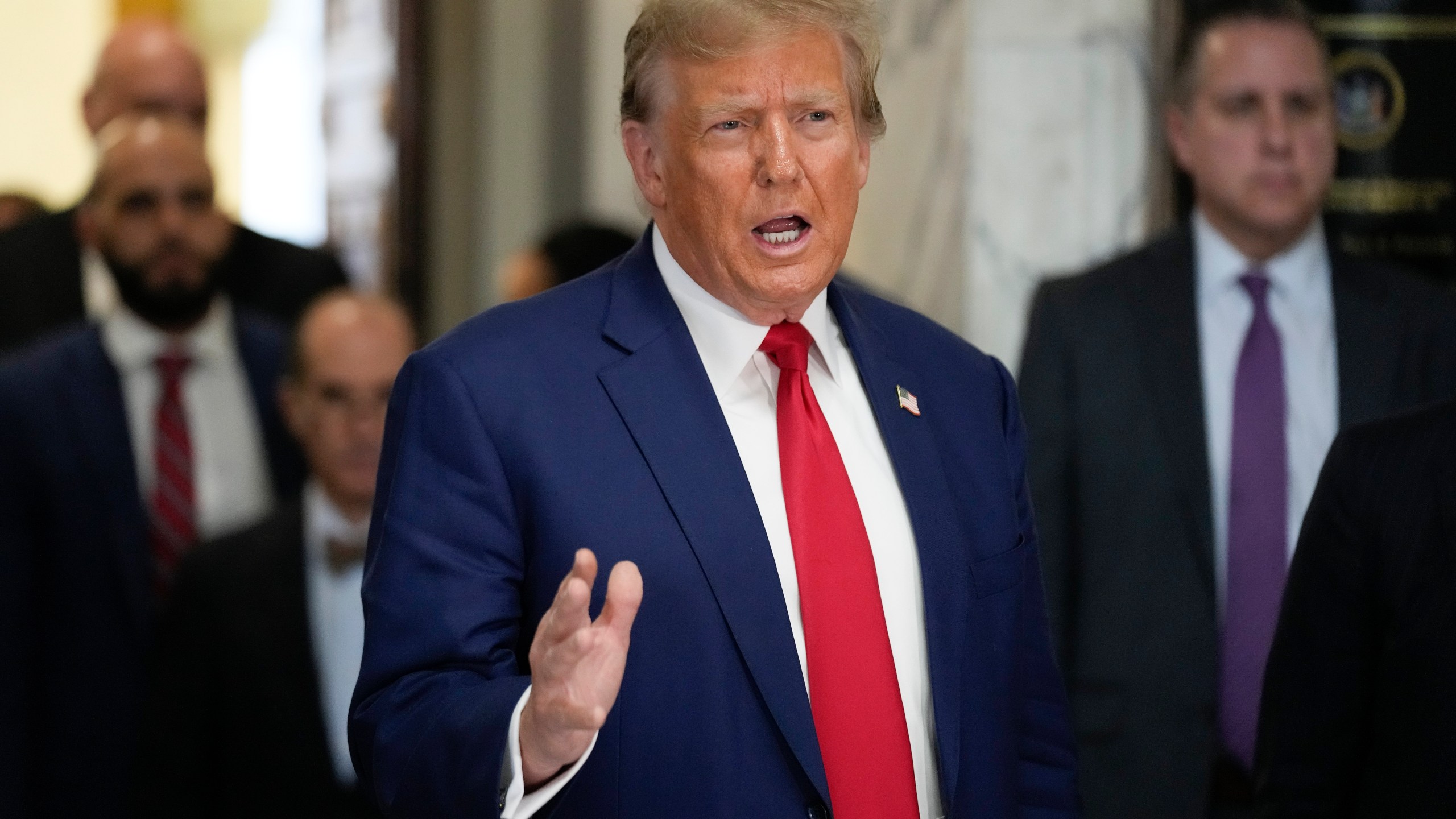 Former President Donald Trump speaks after his defense team finished presenting closing arguments at New York Supreme Court, Thursday, Jan. 11, 2024, in New York. (AP Photo/Seth Wenig)