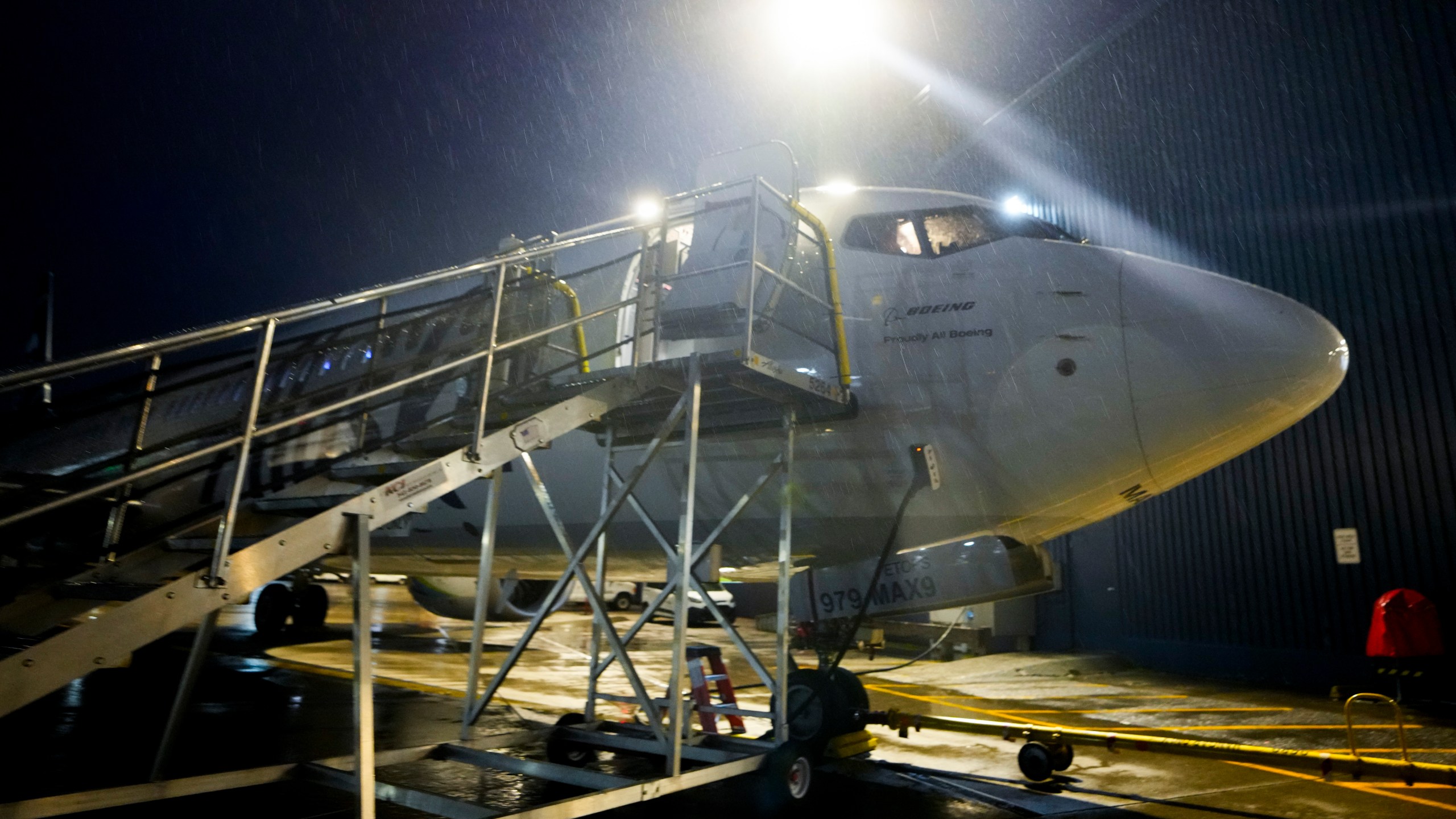 File - An Alaska Airlines Boeing 737 Max 9 aircraft awaits inspection outside the airline's hangar at Seattle-Tacoma International Airport Wednesday, Jan. 10, 2024, in SeaTac, Wash. The Federal Aviation Administration says it will audit Boeing's aircraft production and increase oversight of the troubled company after a panel blew off a jetliner in midflight last week. (AP Photo/Lindsey Wasson, File)