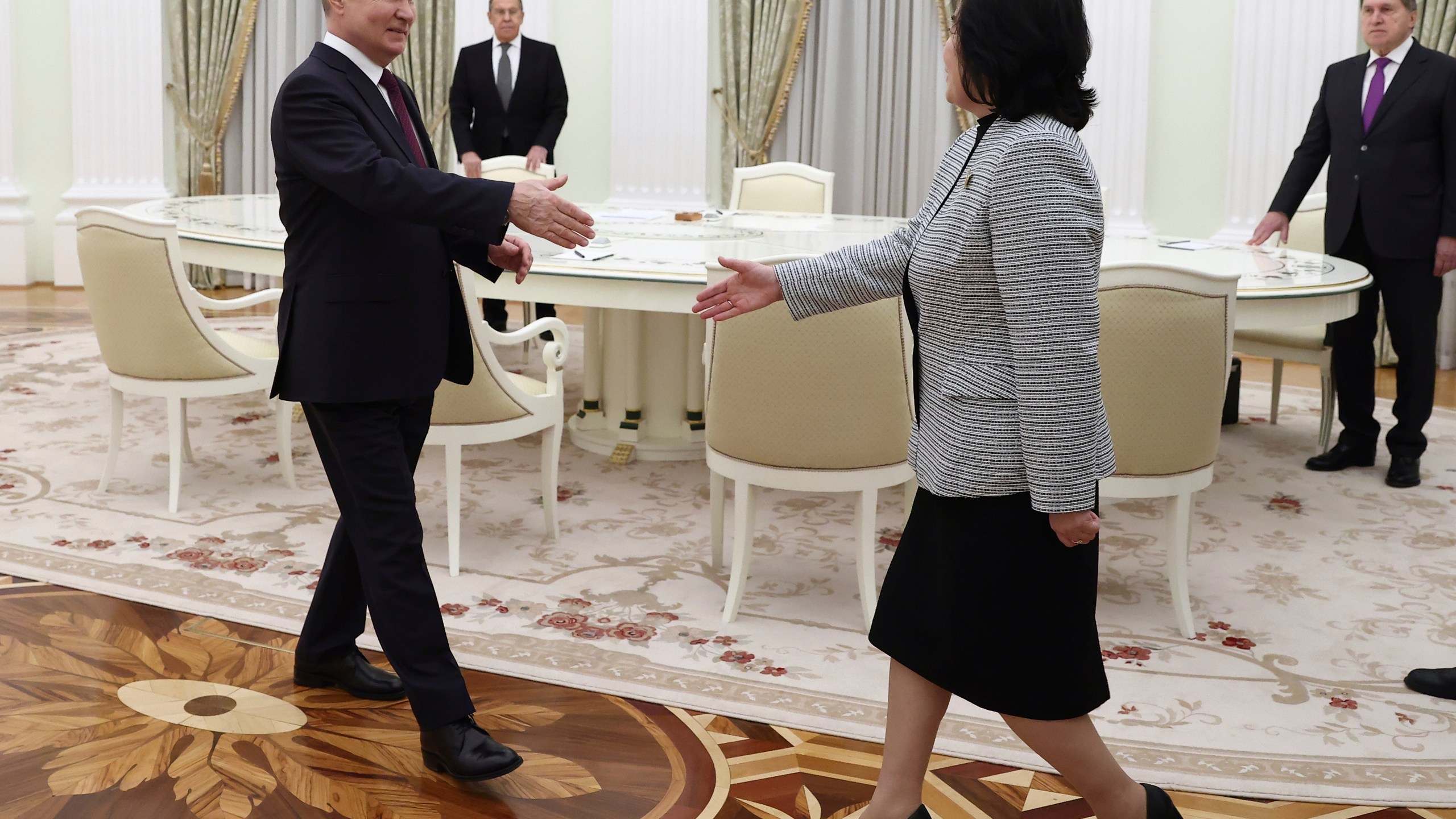 Russian President Vladimir Putin greets North Korean Foreign Minister Choe Son Hui during their meeting at the Kremlin in Moscow, Russia, Tuesday, Jan. 16, 2024. (Artyom Geodakyan, Sputnik, Kremlin Pool Photo via AP)