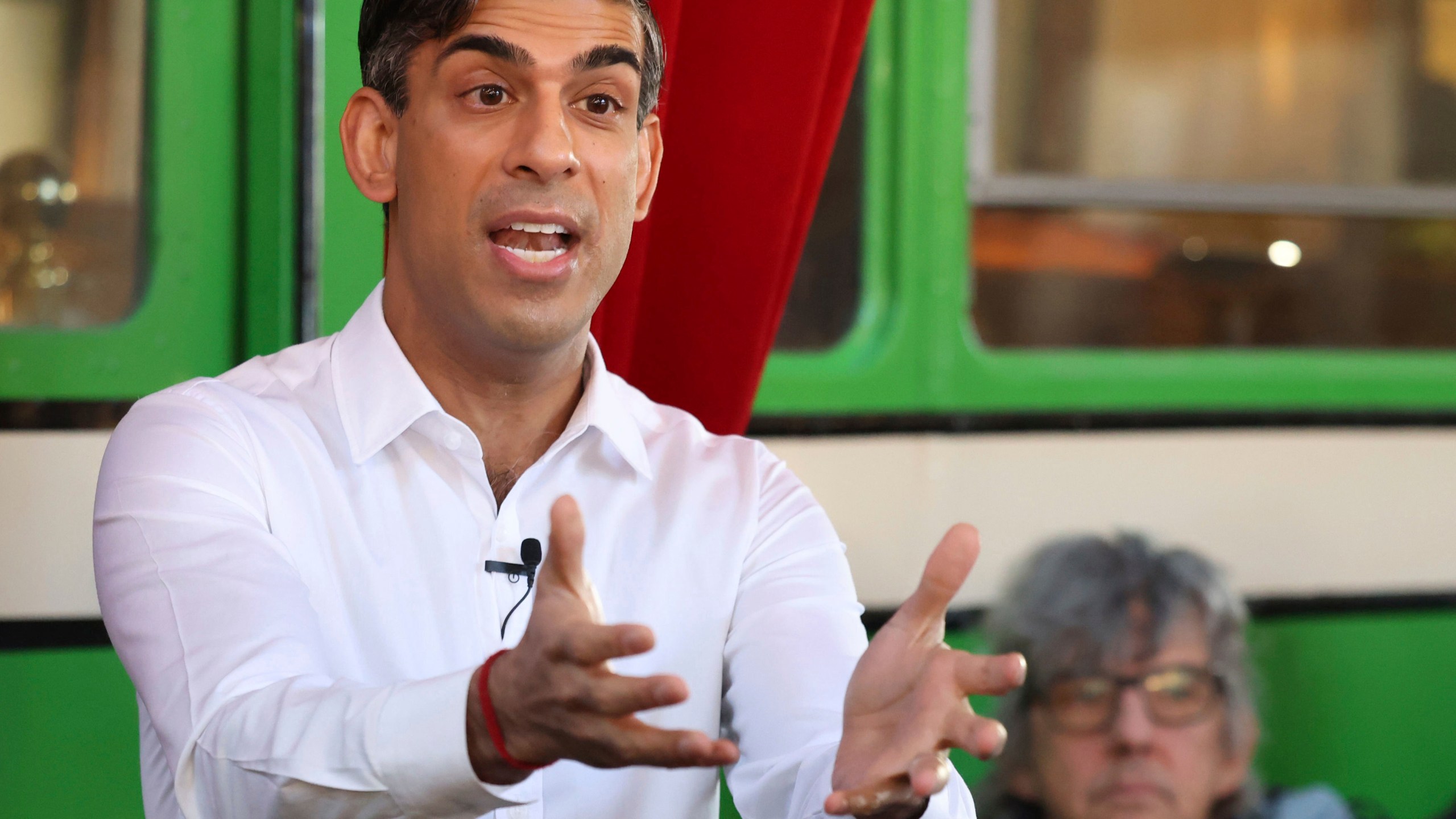 Britain's Prime Minister Rishi Sunak gestures during his visit to The Boatyard in Leigh-on-Sea, Essex, England, Monday Jan. 15, 2024. (Phil Harris/Pool Photo via AP)