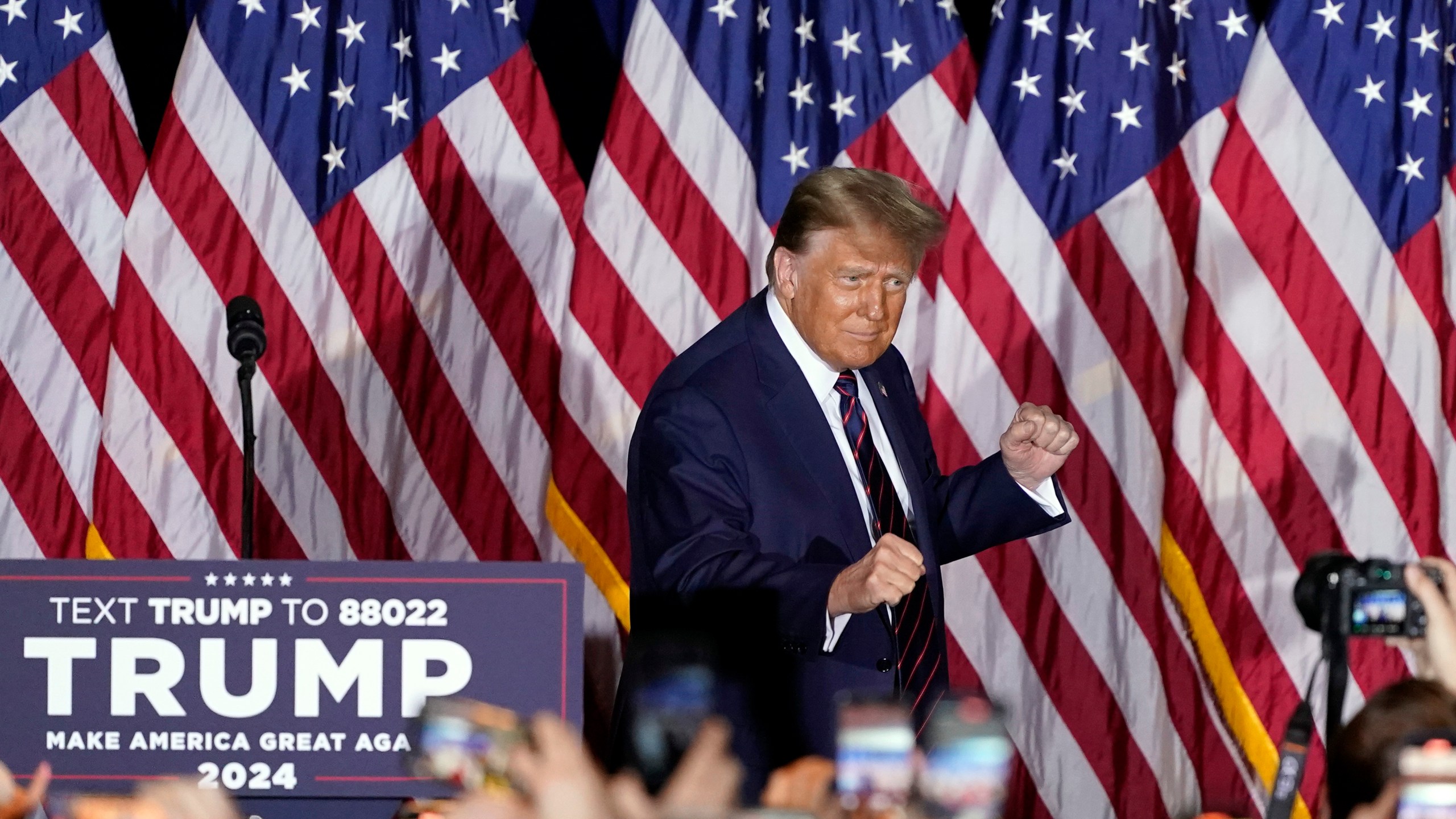 Republican presidential candidate former President Donald Trump arrives to speak at a primary election night party in Nashua, N.H., Tuesday, Jan. 23, 2024. (AP Photo/Pablo Martinez Monsivais)