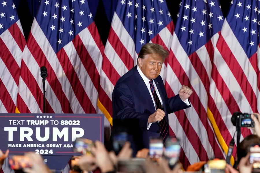 Republican presidential candidate former President Donald Trump arrives to speak at a primary election night party in Nashua, N.H., Tuesday, Jan. 23, 2024. (AP Photo/Pablo Martinez Monsivais)