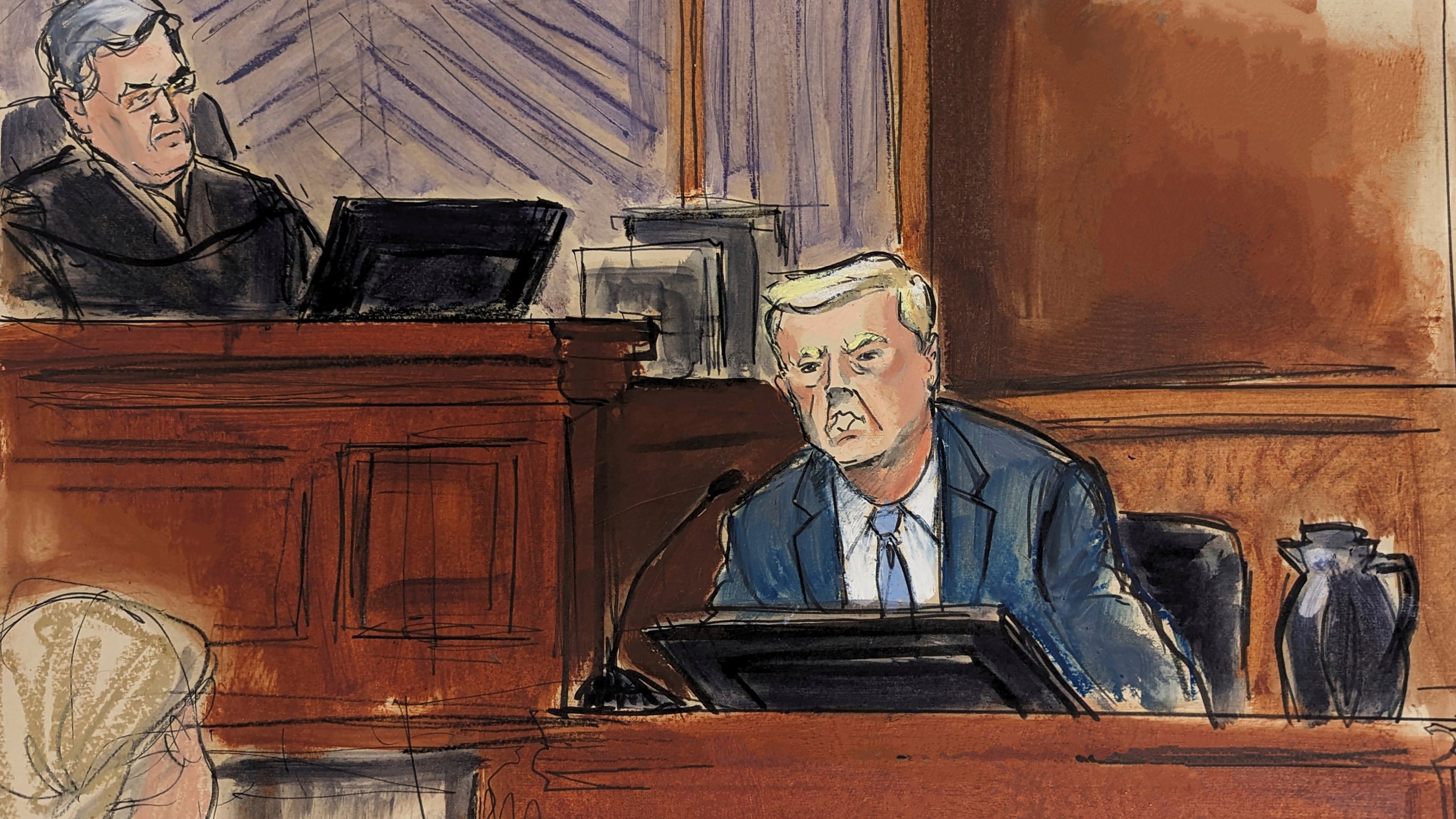 In this courtroom sketch, Thursday, Jan. 25, 2024, Donald Trump, testifies in Federal Court, as Judge Lewis Kaplan, left, listens, in New York, (Elizabeth Williams via AP)