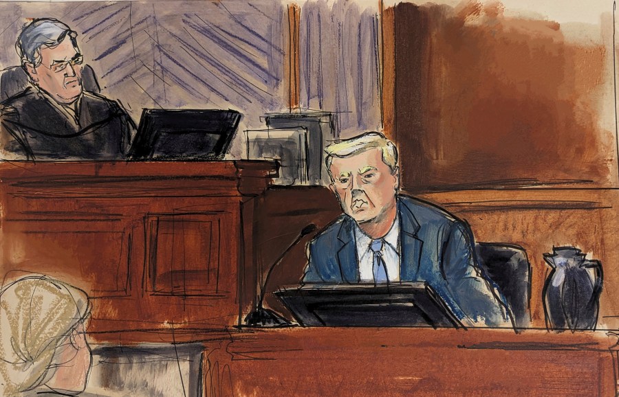 In this courtroom sketch, Thursday, Jan. 25, 2024, Donald Trump, testifies in Federal Court, as Judge Lewis Kaplan, left, listens, in New York, (Elizabeth Williams via AP)