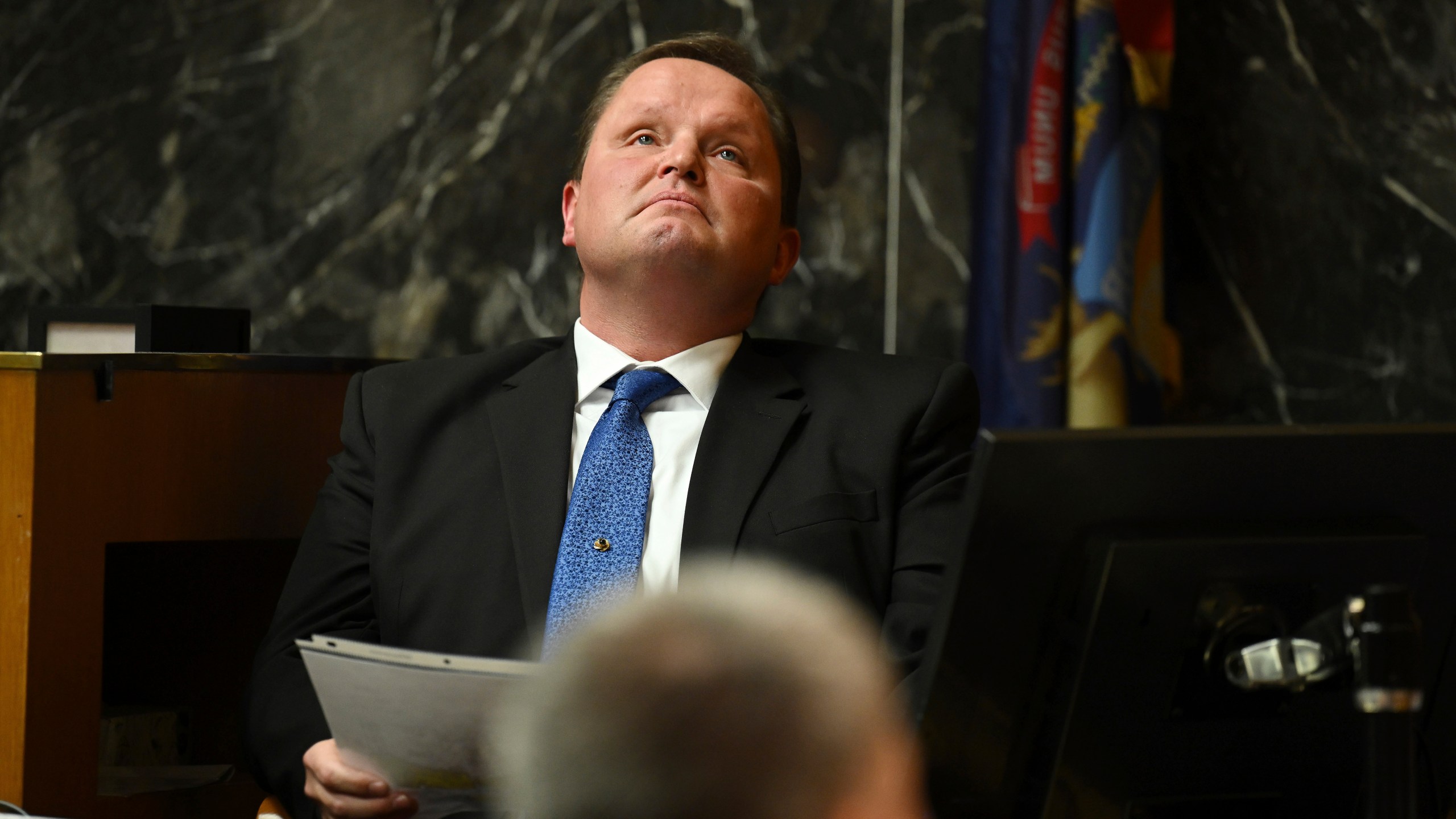 Consultant with the Secret Service and former Detective with Oakland County Edward Wagrowski gets emotional while giving testimony on the shooter's shooting path during the day of the shooting during Jennifer Crumbley's jury trial at Oakland County Courthouse, Friday, Jan. 26, 2024, in Pontiac, Mich. Crumbley faces involuntary manslaughter charges in a school shooting committed by her teenage son. (Clarence Tabb Jr./Detroit News via AP, Pool)