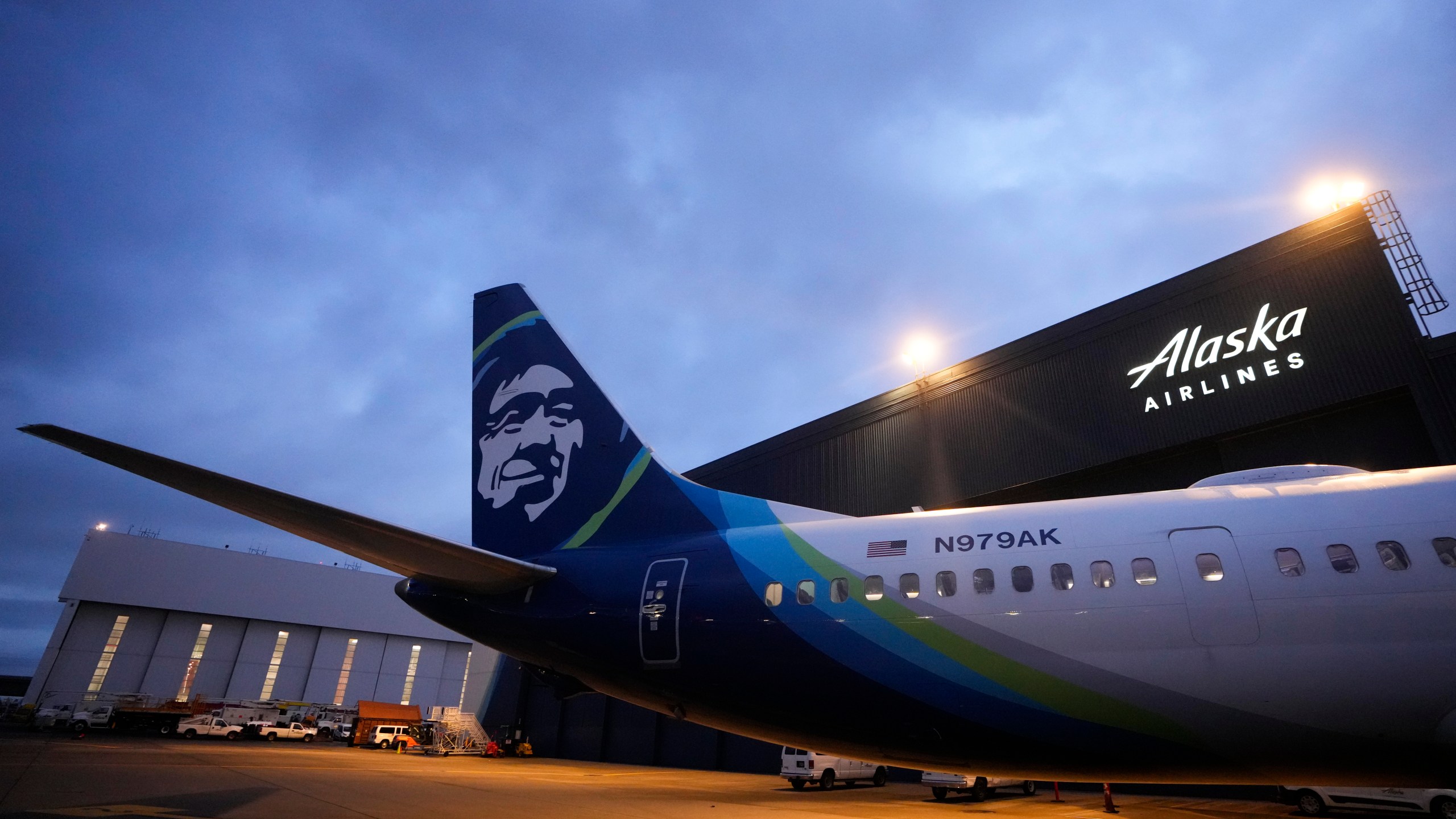 File - An Alaska Airlines Boeing 737 Max 9 awaits inspection at the airline's hangar at Seattle-Tacoma International Airport onJan. 10, 2024, in SeaTac, Wash. Alaska Airlines has begun flying Boeing 737 Max 9 jetliners again for the first time Friday, Jan. 26, since they were grounded after a panel blew out of the side of one of the airline's planes. (AP Photo/Lindsey Wasson, File)