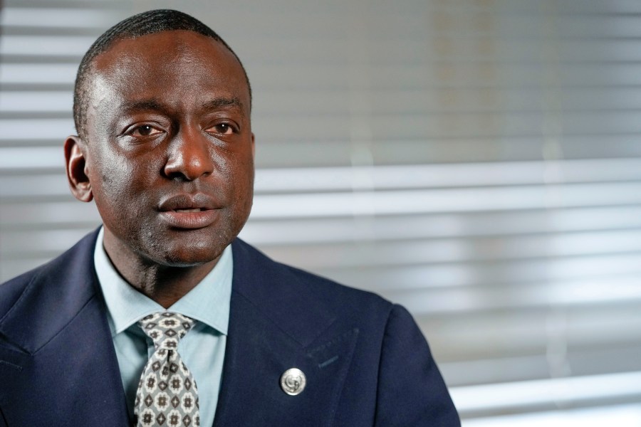 FILE-New York City Council candidate Yusef Salaam speaks during an interview with The Associated Press, May 24, 2023, in New York. Salaam, a member of the exonerated group of men known as the Central Park Five, says he was stopped and pulled over by police without being given an explanation. The police stop in New York City on Friday, Jan. 26, 2024 casts a renewed light on the How Many Stops Act, a police transparency bill that sparked a fight between City Council members and Mayor Eric Adams after the mayor, a former police captain, vetoed the legislation. (AP Photo/Mary Altaffer, File)