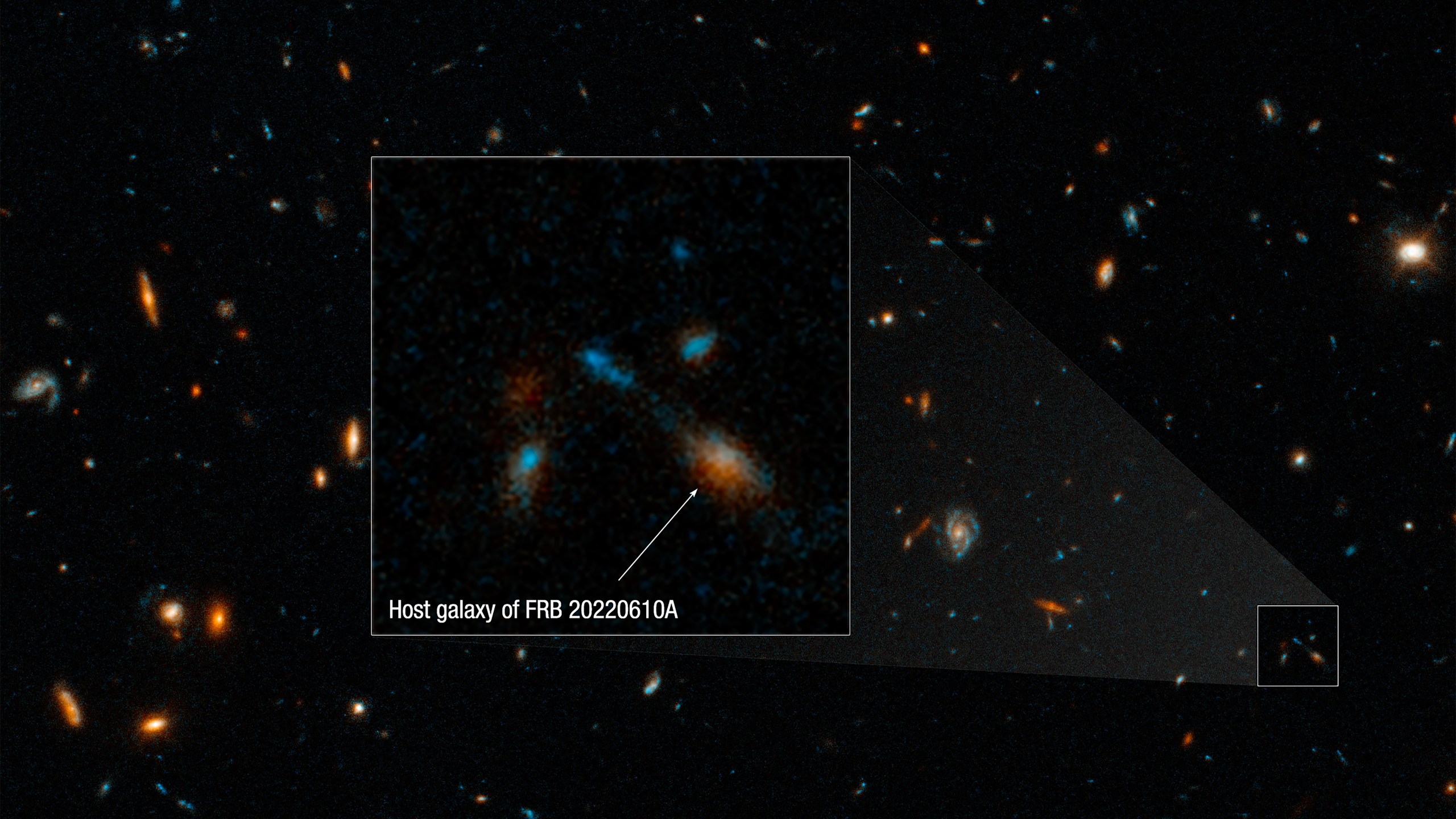 A Hubble Space Telescope image of the host galaxy of an exceptionally powerful fast radio burst, FRB 20220610A. (Courtesy of NASA, ESA, STScI, Alexa Gordon)