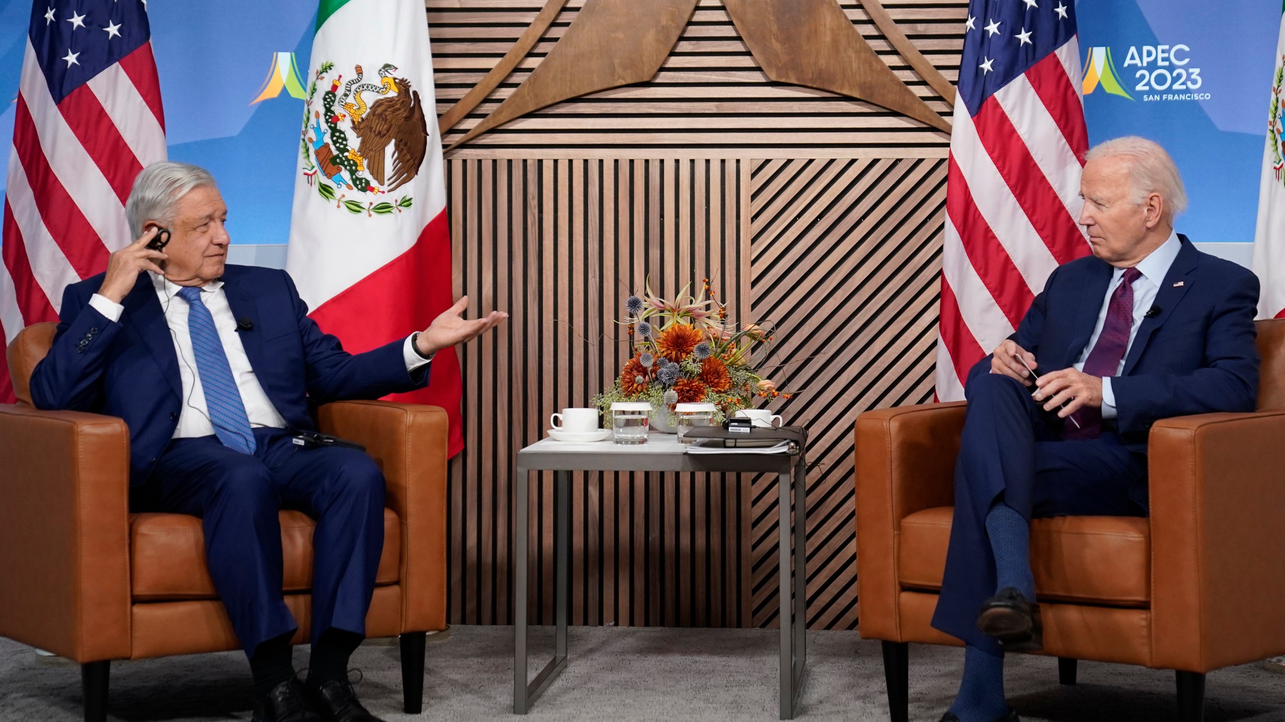 FILE - President Joe Biden meets with Mexican President Andres Manuel Lopez Obrador at the Asia-Pacific Economic Cooperative summit, Nov. 17, 2023, in San Francisco. (AP Photo/Evan Vucci, File)