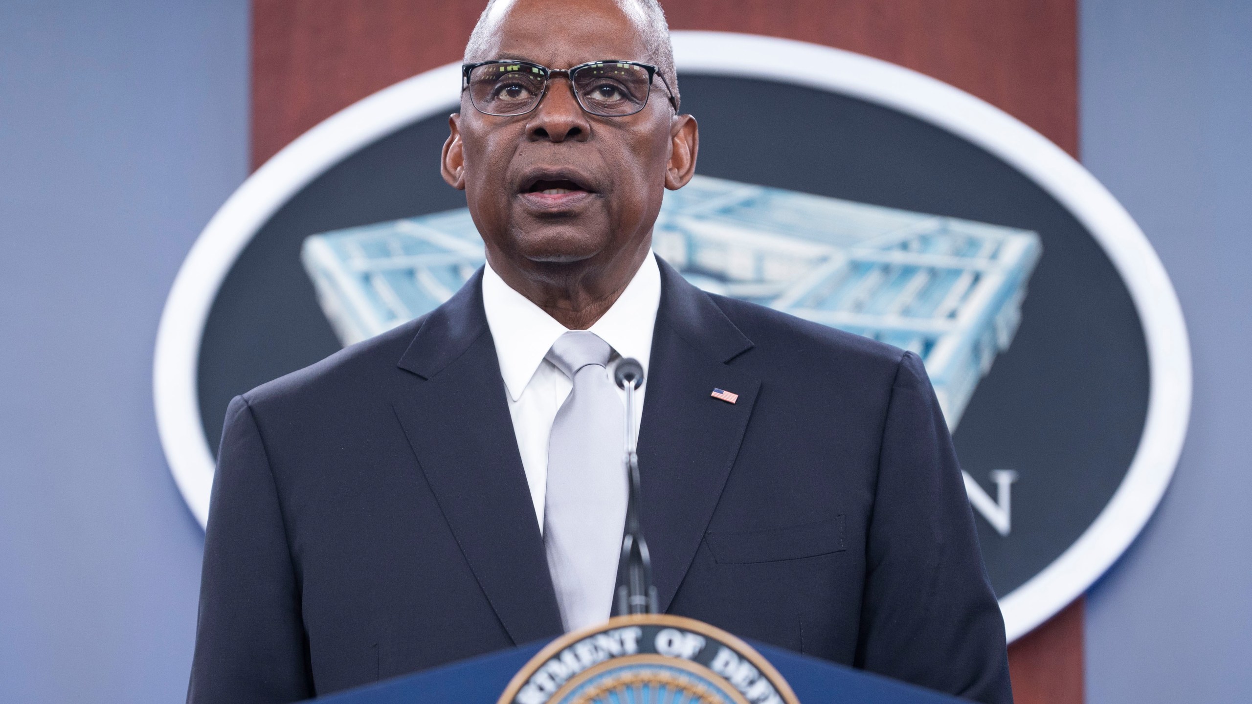 Defense Secretary Lloyd Austin speaks during a Pentagon press briefing at the Pentagon on Thursday, Feb. 1, 2024 in Washington. (AP Photo/Kevin Wolf)