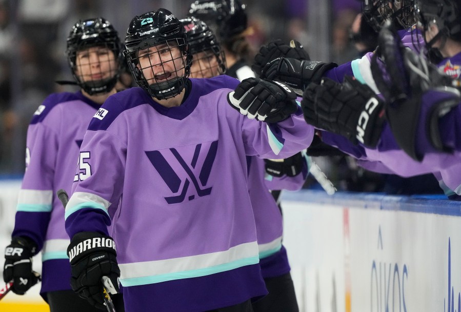 Team Kloss' Alex Carpenter (25) celebrates a goal while playing against Team King during the PWHL 3-on-3 Showcase at the NHL All-Star hockey week in Toronto on Thursday, Feb. 1, 2024. (Frank Gunn/The Canadian Press via AP)