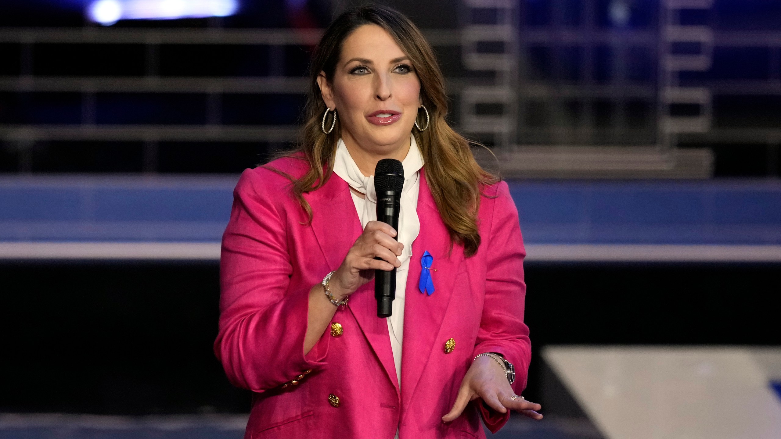 FILE - Republican National Committee Chair Ronna McDaniel speaks before a Republican presidential primary debate hosted by NBC News, Nov. 8, 2023, at the Adrienne Arsht Center for the Performing Arts of Miami-Dade County in Miami. Facing a cash crunch and harsh criticism from a faction of far-right conservatives, McDaniel, on Friday, Feb. 2, 2024, called for the party to unite behind the goal of defeating President Joe Biden. (AP Photo/Rebecca Blackwell, File)