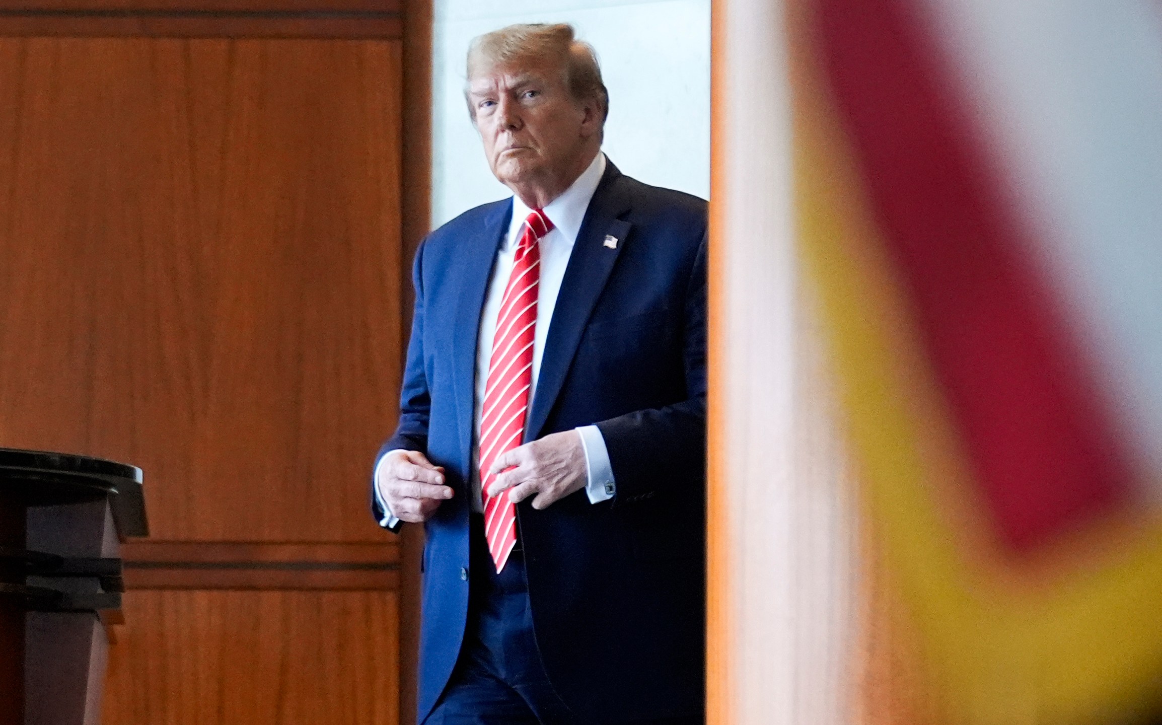 Republican presidential candidate former President Donald Trump arrives to speak after meeting with members of the International Brotherhood of Teamsters at their headquarters in Washington, Wednesday, Jan. 31, 2024. (AP Photo/Andrew Harnik)