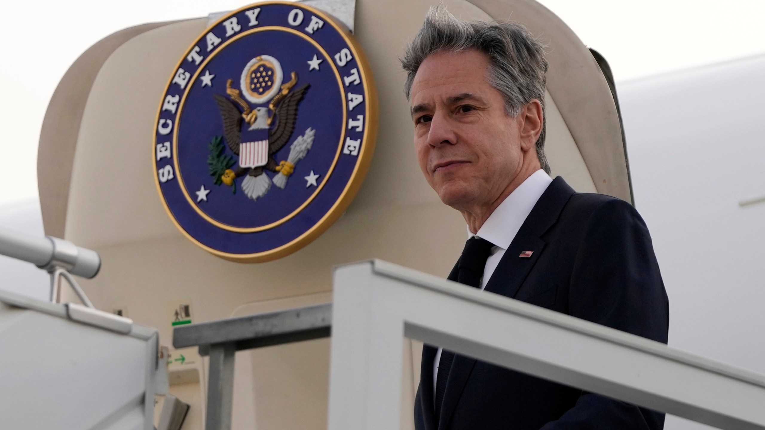 US Secretary of State Antony Blinken disembarks from the plane upon arriving at King Khalid International Airport, in Riyadh, Saudi Arabia, Monday, Feb. 5, 2024. (AP Photo/Mark Schiefelbein, Pool)