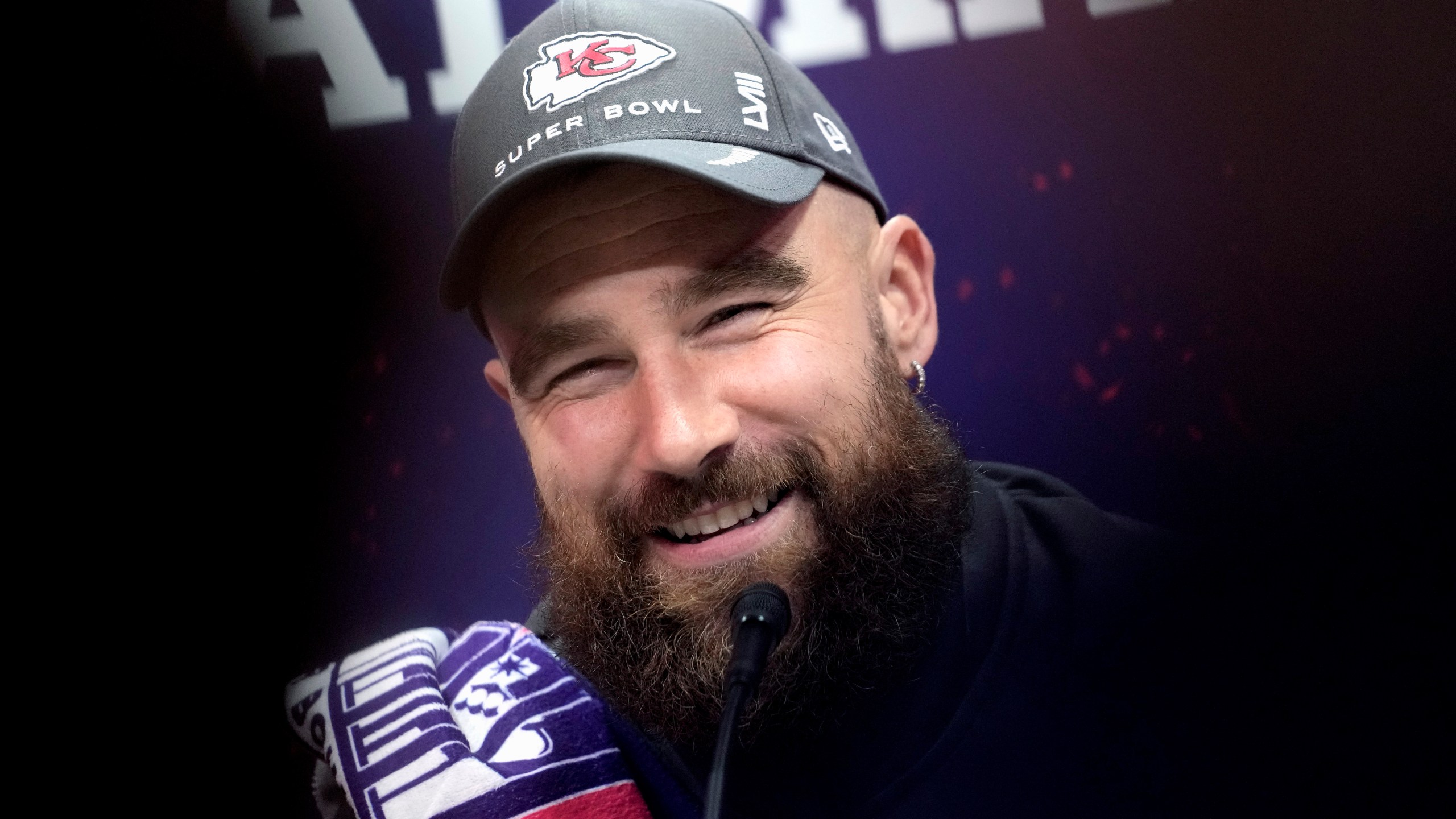 Kansas City Chiefs tight end Travis Kelce smiles as he participates in the NFL football Super Bowl 58 opening night, Monday, Feb. 5, 2024, in Las Vegas. The San Francisco 49ers face the Kansas City Chiefs in Super Bowl 58 on Sunday. (AP Photo/Godofredo A. Vásquez)