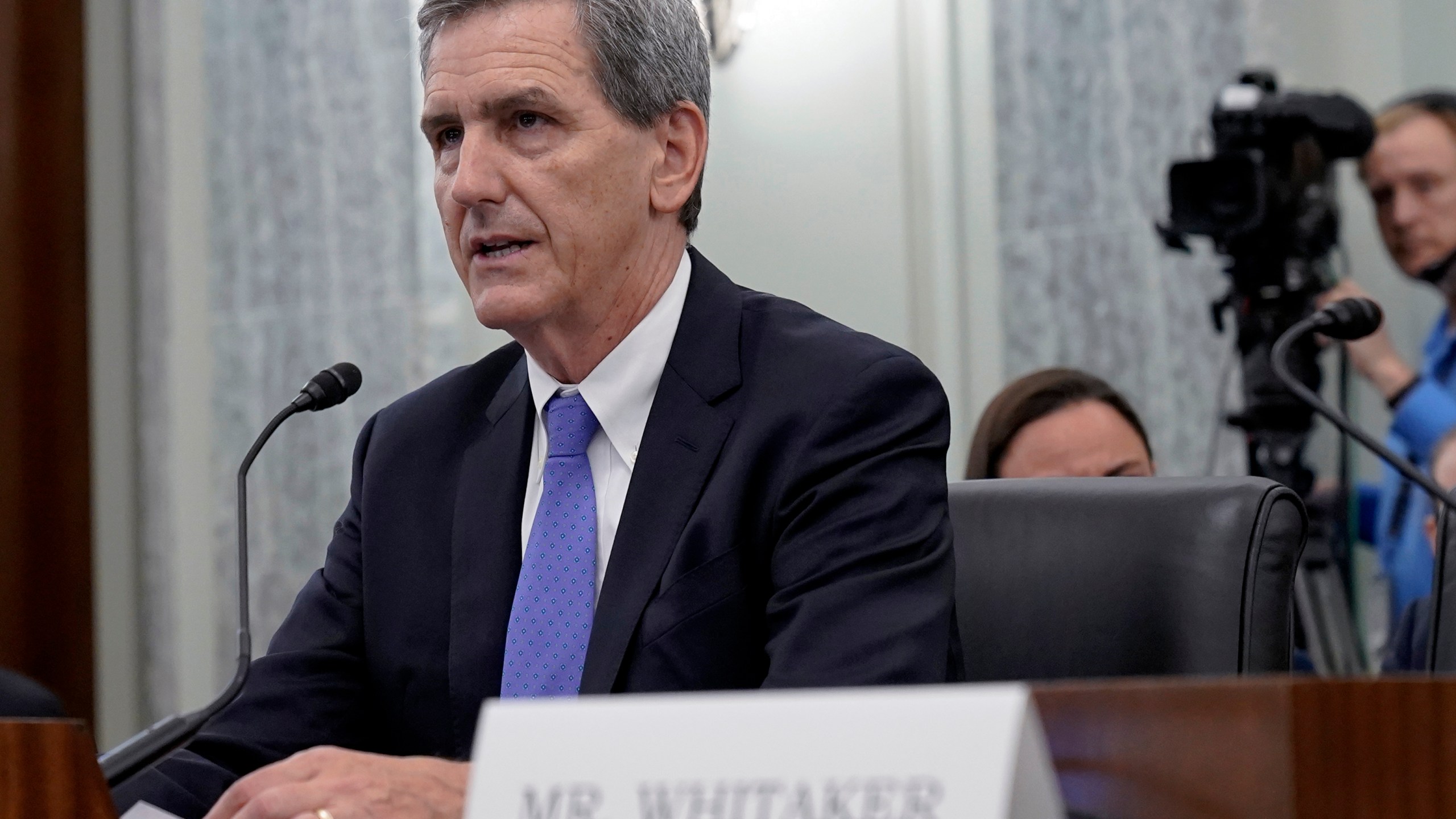 FILE - Michael Whitaker testifies during his nomination to be administrator of the Federal Aviation Administration, Department of Transportation, Oct. 4, 2023, on Capitol Hill in Washington. FAA Administrator Whitaker says the agency will use more people to monitor aircraft manufacturing and hold Boeing accountable for any violations of safety regulations. Whitaker is expected to face a barrage of questions Tuesday, Feb. 5, 2024, about FAA oversight of the company since a door panel blew off a Boeing 737 Max 9 jetliner over Oregon last month. (AP Photo/Mariam Zuhaib, File)