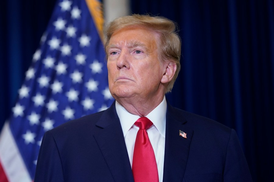 Former President Donald Trump speaks to the media at a Washington hotel, Tuesday, Jan. 9, 2024, after attending a hearing before the D.C. Circuit Court of Appeals at the federal courthouse in Washington. (AP Photo/Susan Walsh)