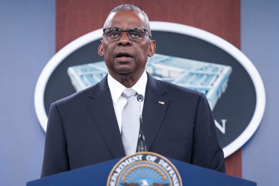 Defense Secretary Lloyd Austin speaks during a Pentagon press briefing at the Pentagon on Thursday, Feb. 1, 2024 in Washington. (AP Photo/Kevin Wolf)