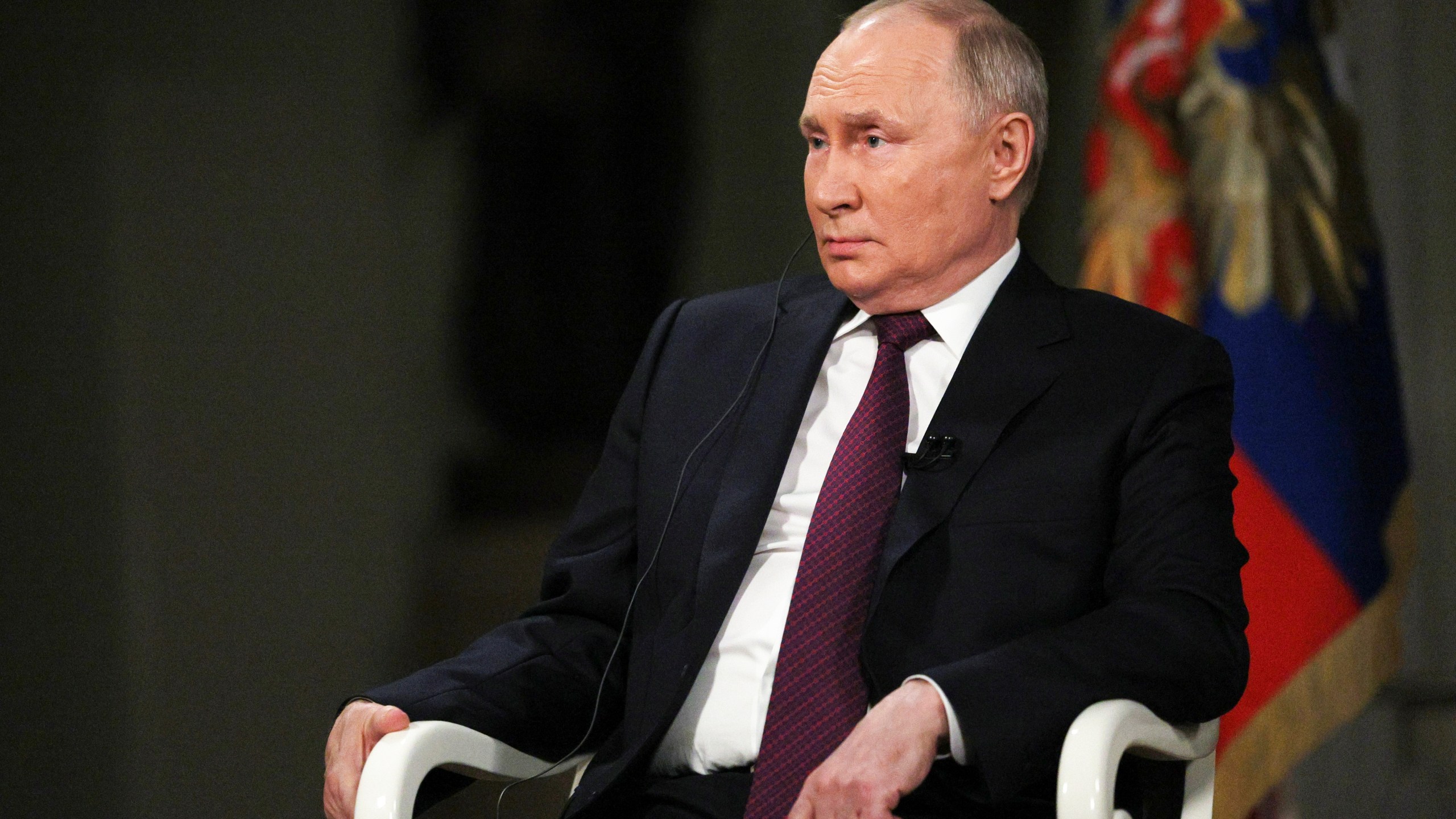 In this photo released by Sputnik news agency on Friday, Feb. 9, 2024, Russian President Vladimir Putin attends an interview with former Fox News host Tucker Carlson at the Kremlin in Moscow, Russia, Tuesday, Feb. 6, 2024. (Gavriil Grigorov, Sputnik, Kremlin Pool Photo via AP)