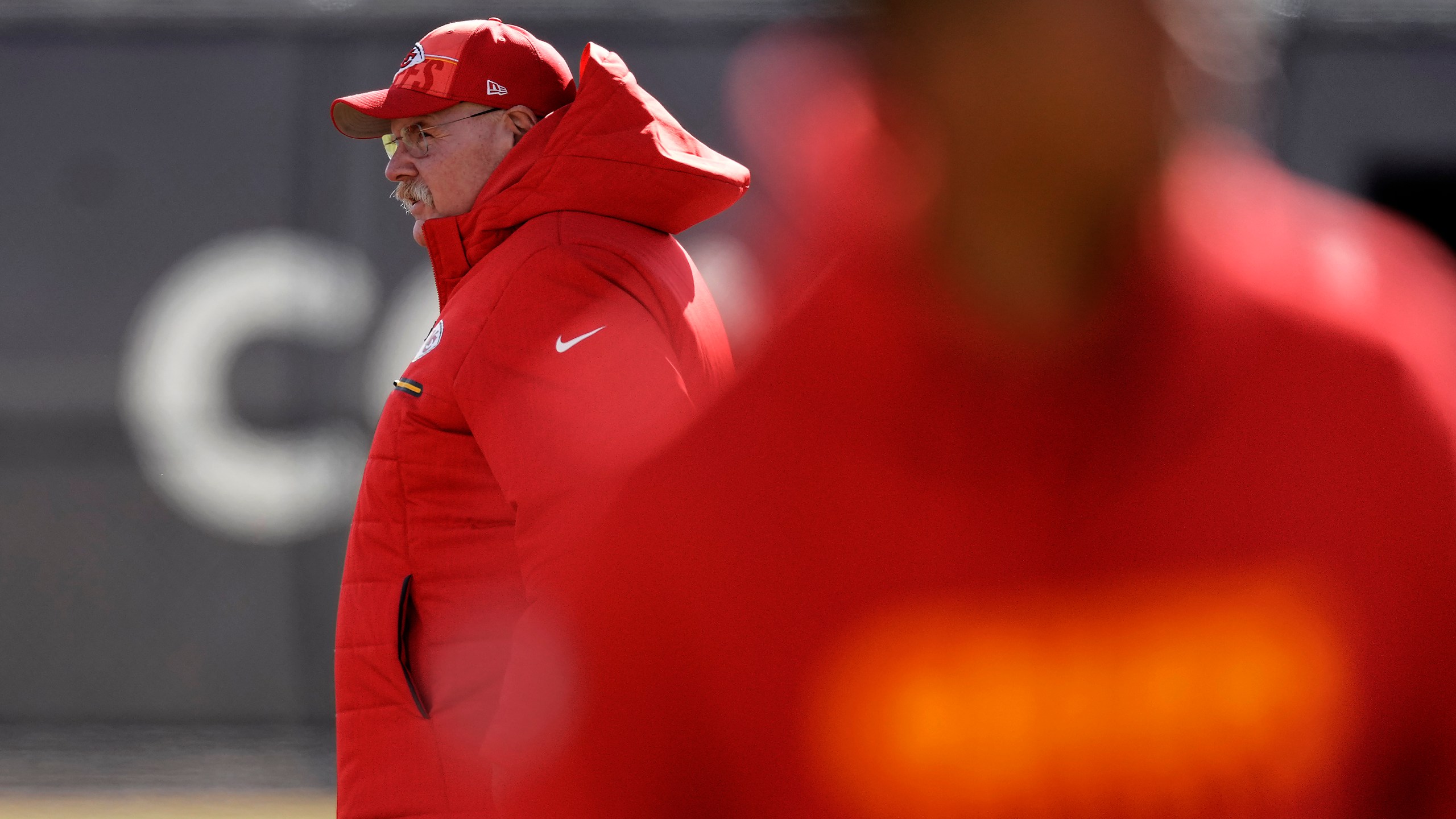 Kansas City Chiefs head coach Andy Reid watches practice Wednesday, Feb. 7, 2024 in Henderson, Nev. The Chiefs are scheduled to play the San Francisco 49ers in the NFL's Super Bowl 58 football game Sunday in Las Vegas. (AP Photo/Charlie Riedel)