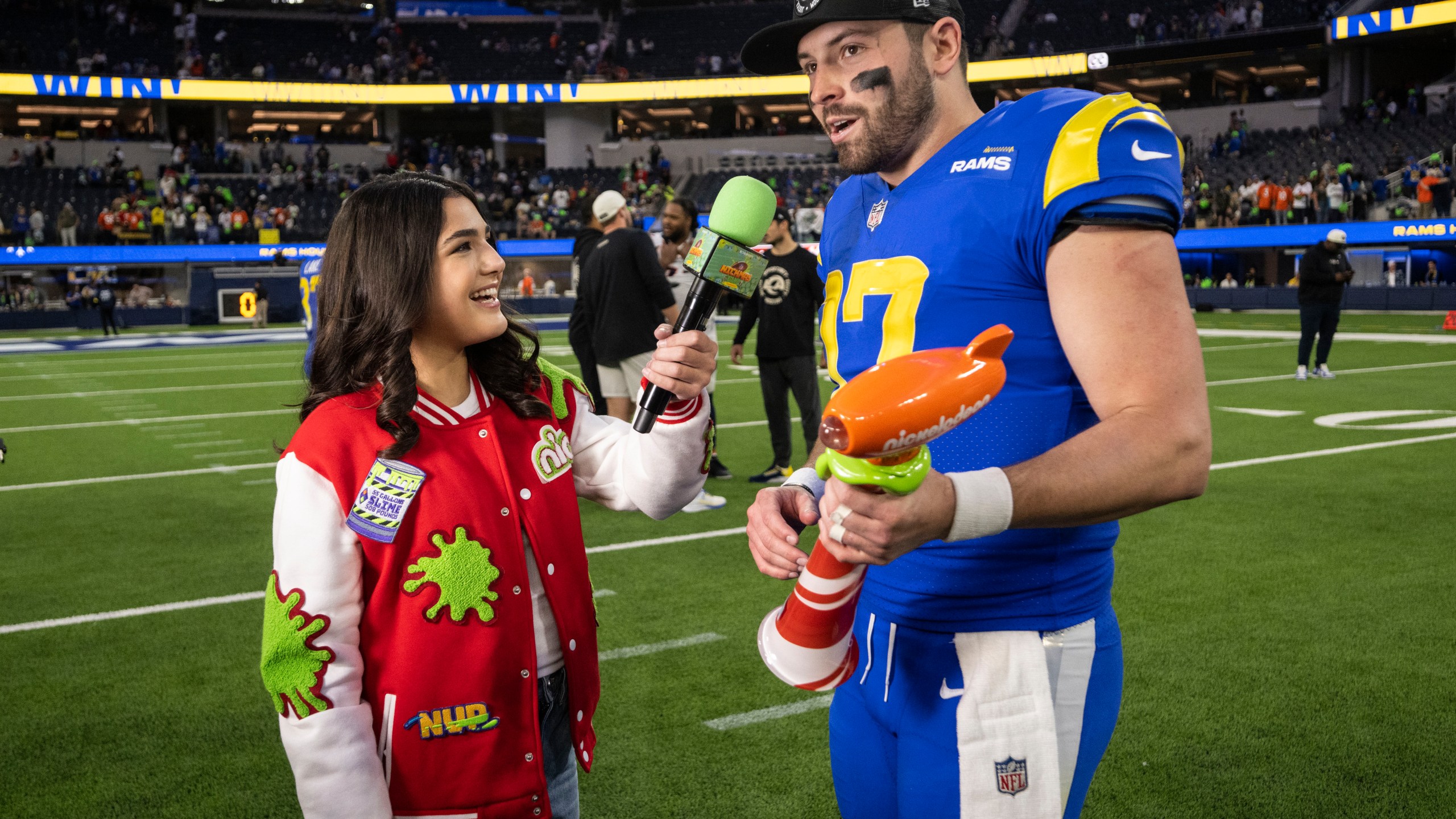 FILE - Los Angeles Rams quarterback Baker Mayfield (17) interviews after being selected as Nickelodeon NVP after an NFL football game against the Denver Broncos, Dec. 25, 2022, in Inglewood, Calif. Nickelodeon will air its fifth NFL game on Sunday, Feb. 11, 2024, when the Kansas City Chiefs face the San Francisco 49ers for the Vince Lombardi Trophy, and it will mark the first alternate broadcast of a Super Bowl game. (AP Photo/Kyusung Gong, File)