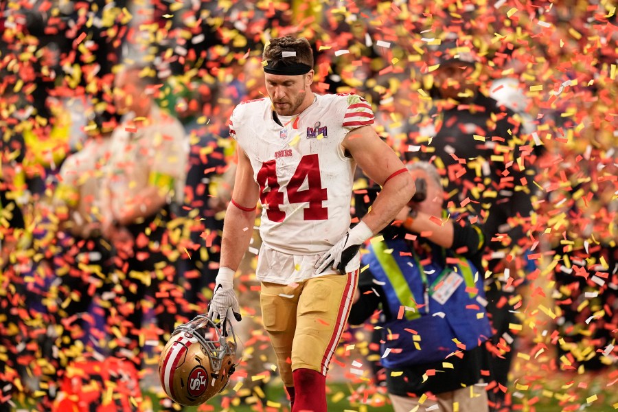 San Francisco 49ers fullback Kyle Juszczyk walks off the field after the NFL Super Bowl 58 football game against the Kansas City Chiefs, Sunday, Feb. 11, 2024, in Las Vegas. The Chiefs won 25-22 against the 49ers. (AP Photo/Eric Gay)