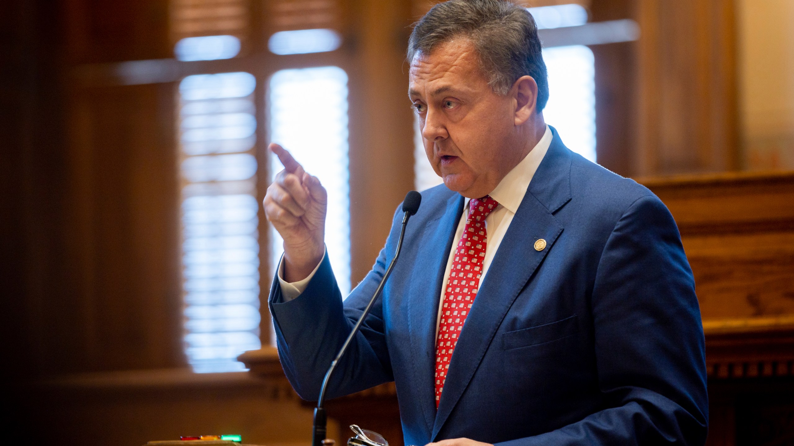 State Senate Majority Leader Steve Gooch, R-Dahlonega, speaks regarding Senate Resolution 543, which would support increased protections for America's borders, at the Senate in the Capitol in Atlanta on Monday, Feb. 12, 2024. (Arvin Temka/Atlanta Journal-Constitution via AP)