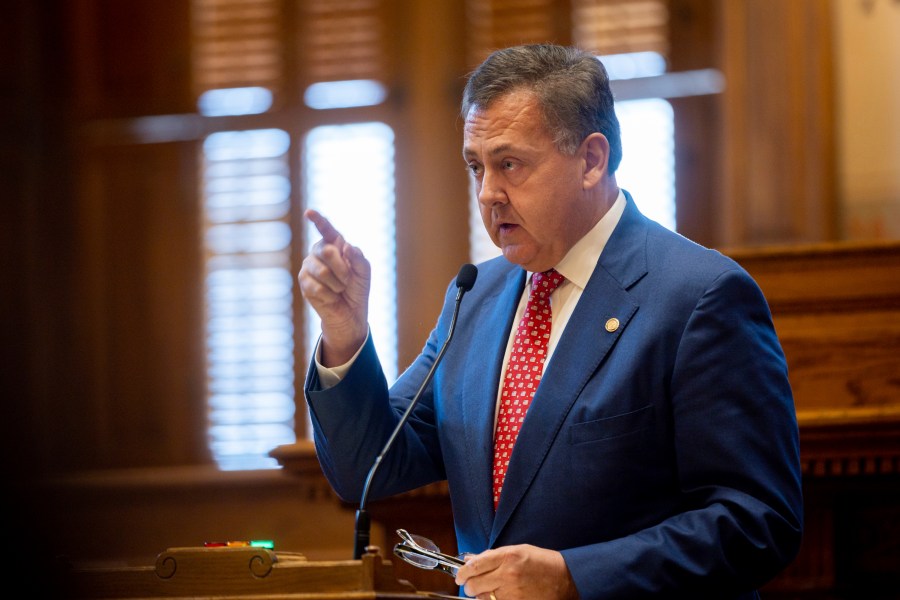 State Senate Majority Leader Steve Gooch, R-Dahlonega, speaks regarding Senate Resolution 543, which would support increased protections for America's borders, at the Senate in the Capitol in Atlanta on Monday, Feb. 12, 2024. (Arvin Temka/Atlanta Journal-Constitution via AP)