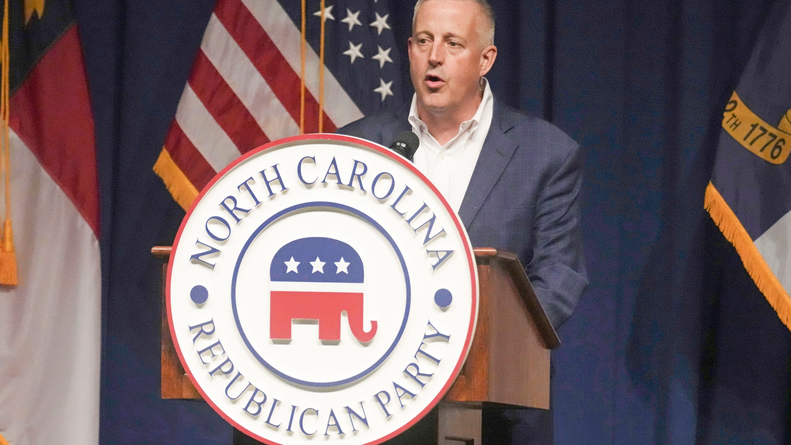 FILE - North Carolina GOP Chairman Michael Whatley speaks at the state party's convention on June 9, 2023, in Greensboro, N.C. Republican presidential candidate former President Donald Trump is calling for a leadership change at the Republican National Committee in an attempt to install a new slate of loyalists at the top of the GOP's political machine even before he formally secures the party's next presidential nomination. Trump is calling for Ronna McDaniel to be replaced by Whatley. (AP Photo/Meg Kinnard, File)