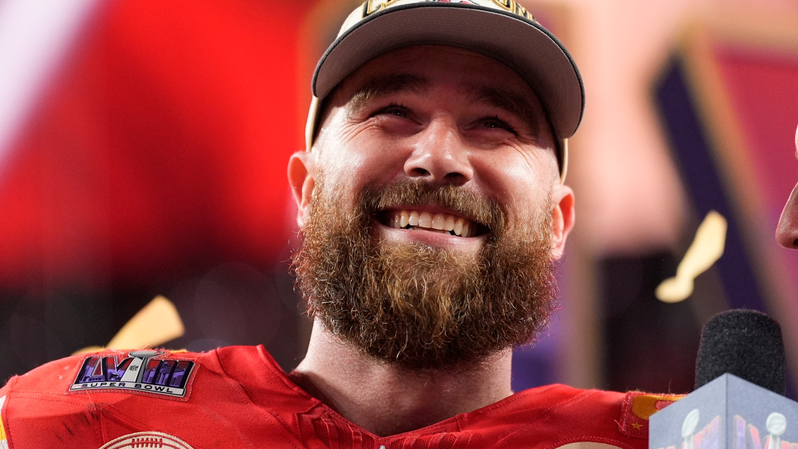 Kansas City Chiefs tight end Travis Kelce (87) celebrates after the NFL Super Bowl 58 football game against the San Francisco 49ers on Sunday, Feb. 11, 2024, in Las Vegas. The Kansas City Chiefs won 25-22 against the San Francisco 49ers. (AP Photo/Ashley Landis)