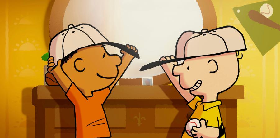 This image released by Apple TV+ shows Peanuts characters Charlie Brown, right, and Franklin in a scene from the animated special “Snoopy Presents: Welcome Home, Franklin," premiering Friday. (Apple TV+ via AP)