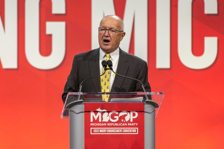 FILE - Former U.S. Ambassador to the Netherlands and Michigan 2nd District Rep. Pete Hoekstra speaks to open the Michigan Republican Convention at Devos Place, April 23, 2022, in Grand Rapids, Mich. On Wednesday, Feb. 14, 2024, former Hoekstra was officially recognized by the national Republican party as the Michigan Republican Party chairman and ruled that Kristina Karamo was correctly removed from the position earlier this year. (Daniel Shular/The Grand Rapids Press via AP, File)