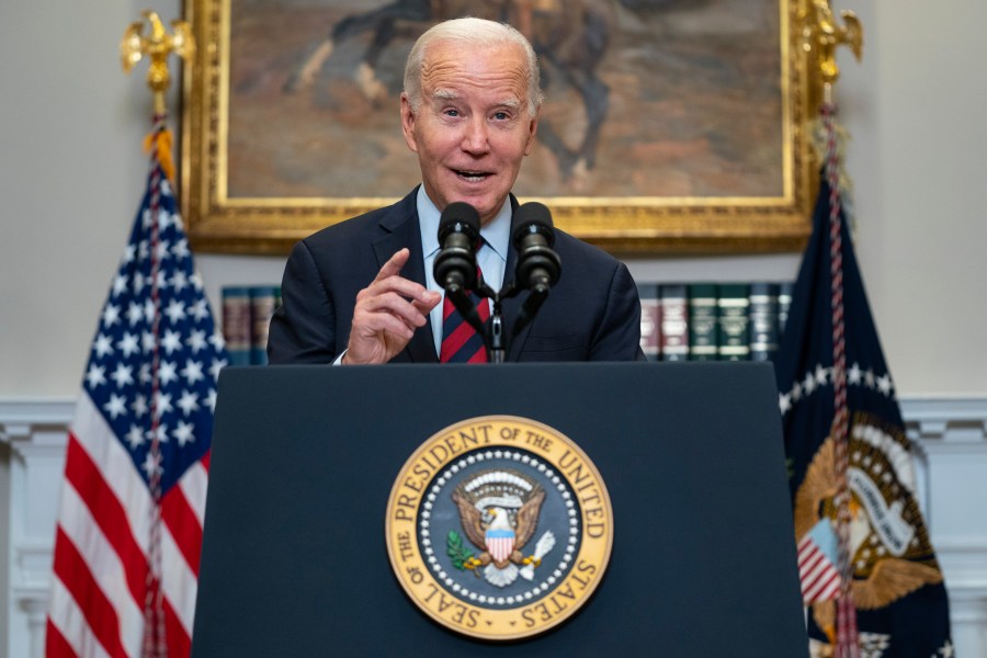 FILE - President Joe Biden speaks on student loan debt forgiveness, in the Roosevelt Room of the White House, Oct. 4, 2023, in Washington. Americans who are struggling to repay federal student loans because of financial hardship could get some of their debt canceled under President Joe Biden's latest attempt at forgiveness, the Education Department announced Thursday, Feb. 15, 2024. (AP Photo/Evan Vucci)