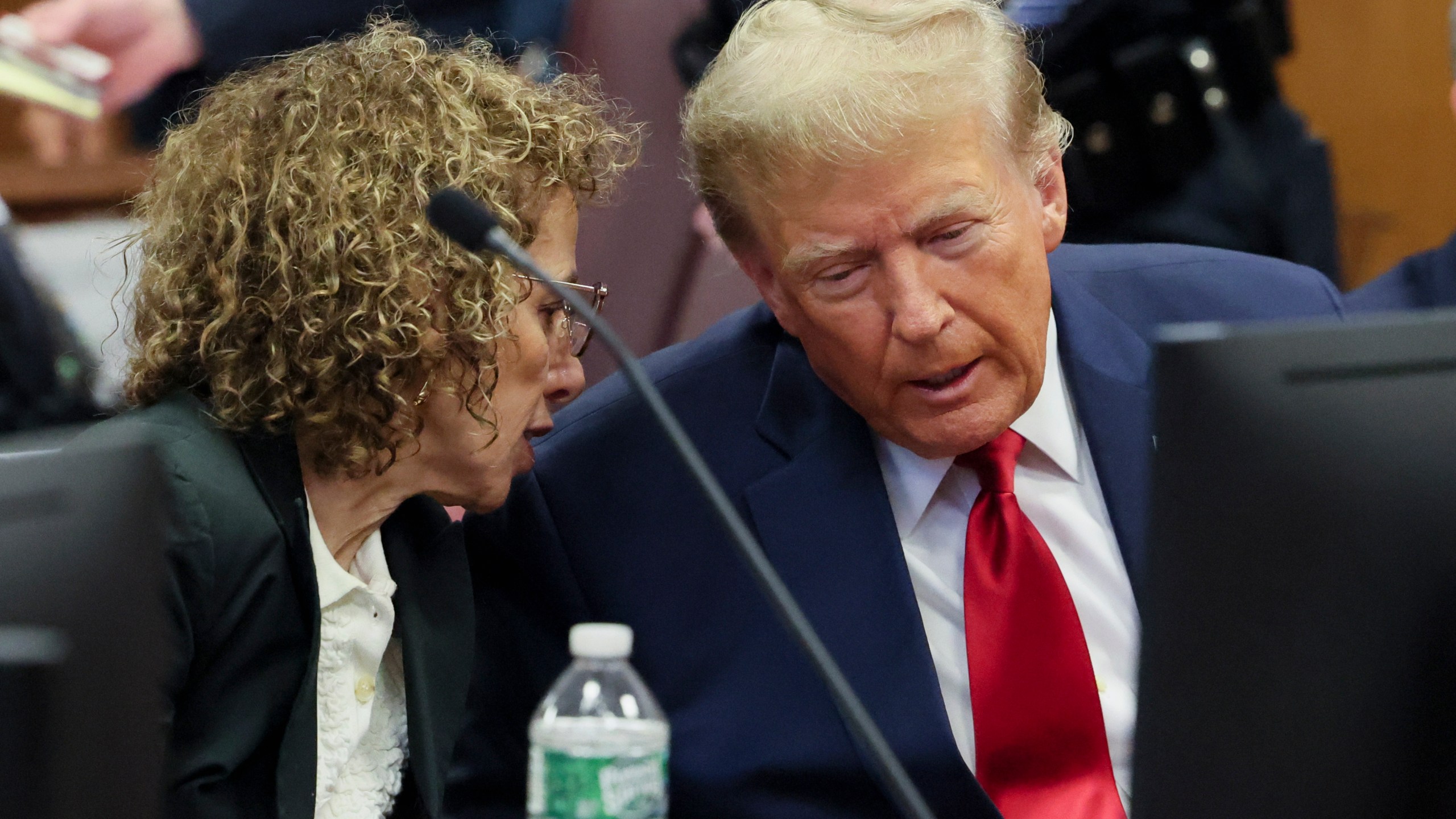 Former President Donald Trump appears during a court hearing at Manhattan criminal court, Thursday, Feb. 15, 2024, in New York. A New York judge says Trump's hush-money trial will go ahead as scheduled with jury selection starting on March 25. (Brendan McDermid/Pool Photo via AP)